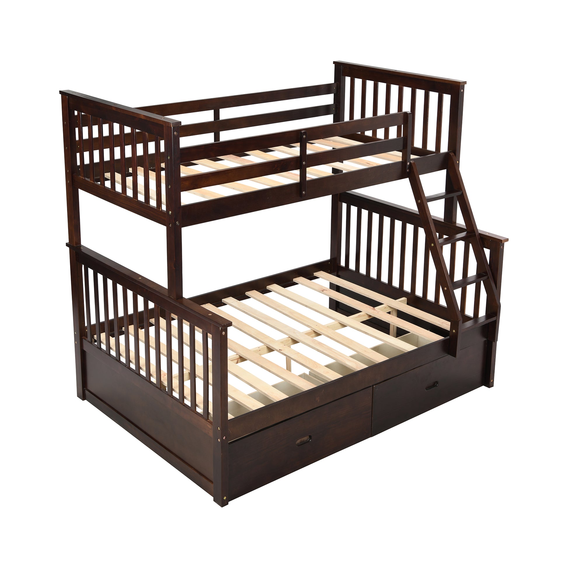 Twin Over Full Bunk Bed With Storage Drawers, Wooden Bunk Bed With Ladder And Safety Guard Rails Espresso Full Espresso Wood