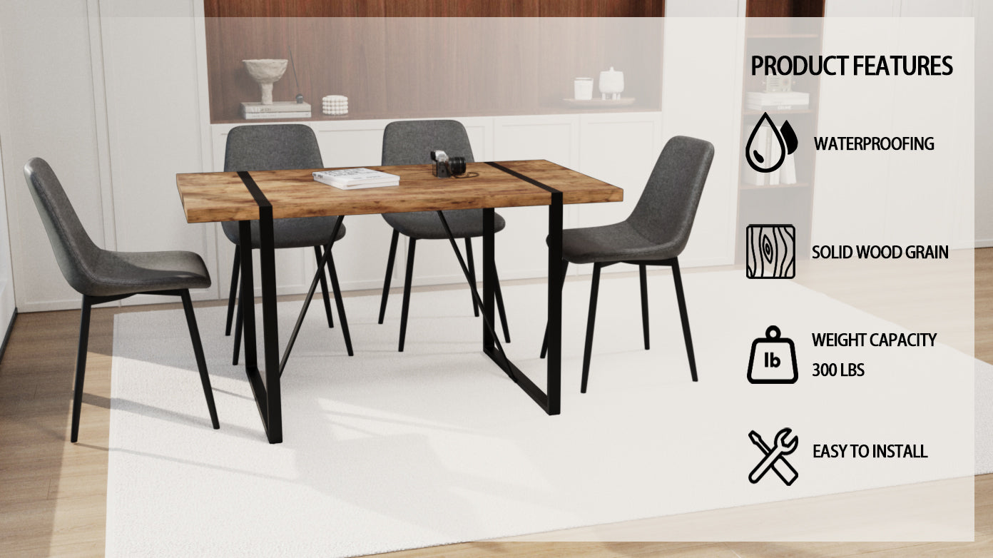 Mdf Dark Wood Dining Table And Modern Dining Chair 4 Piece Set, Medieval Wooden Kitchen Dining Table Set, Rectangular Metal Base, Dining Table And Suede Chair Brown Grey Mdf