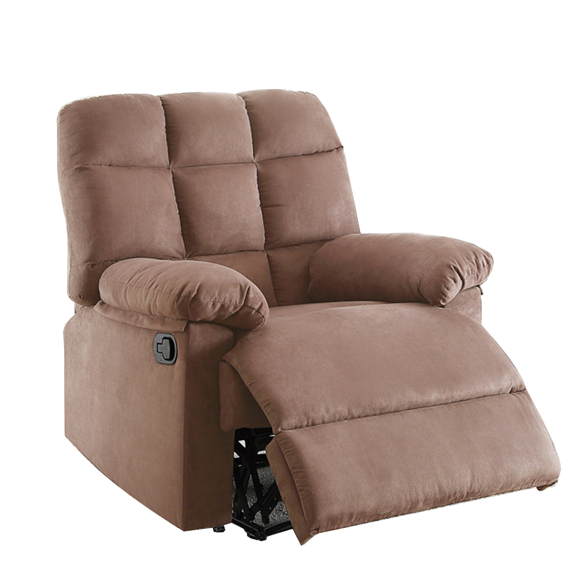 Plush Cushioned Recliner With Tufted Back And Roll Arms In Saddle Brown Brown Wood Metal