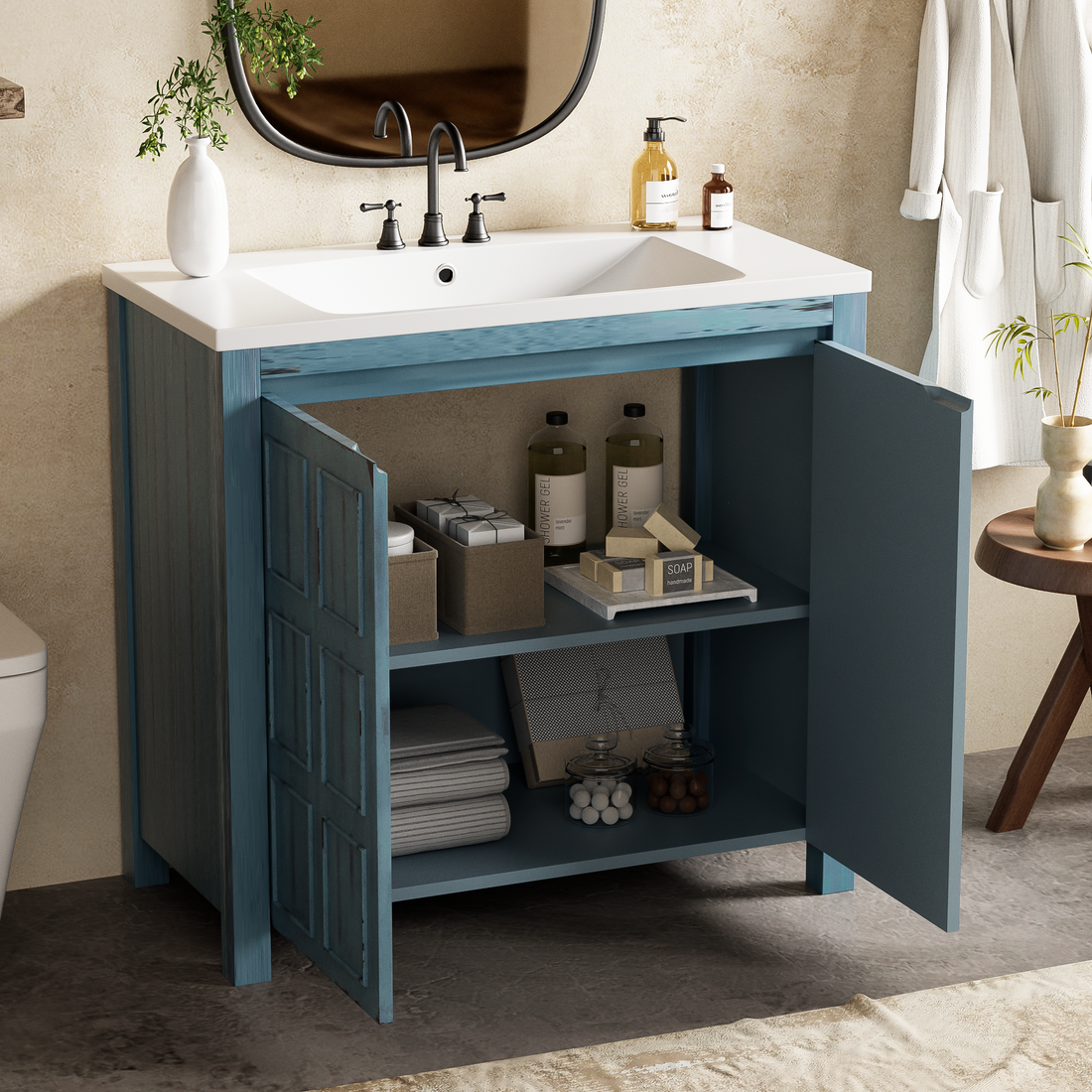 36" Bathroom Vanity Organizer With Sink, Combo Cabinet Set, Bathroom Storage Cabinet, Retro Lue Retro Blue Solid Wood Mdf Resin