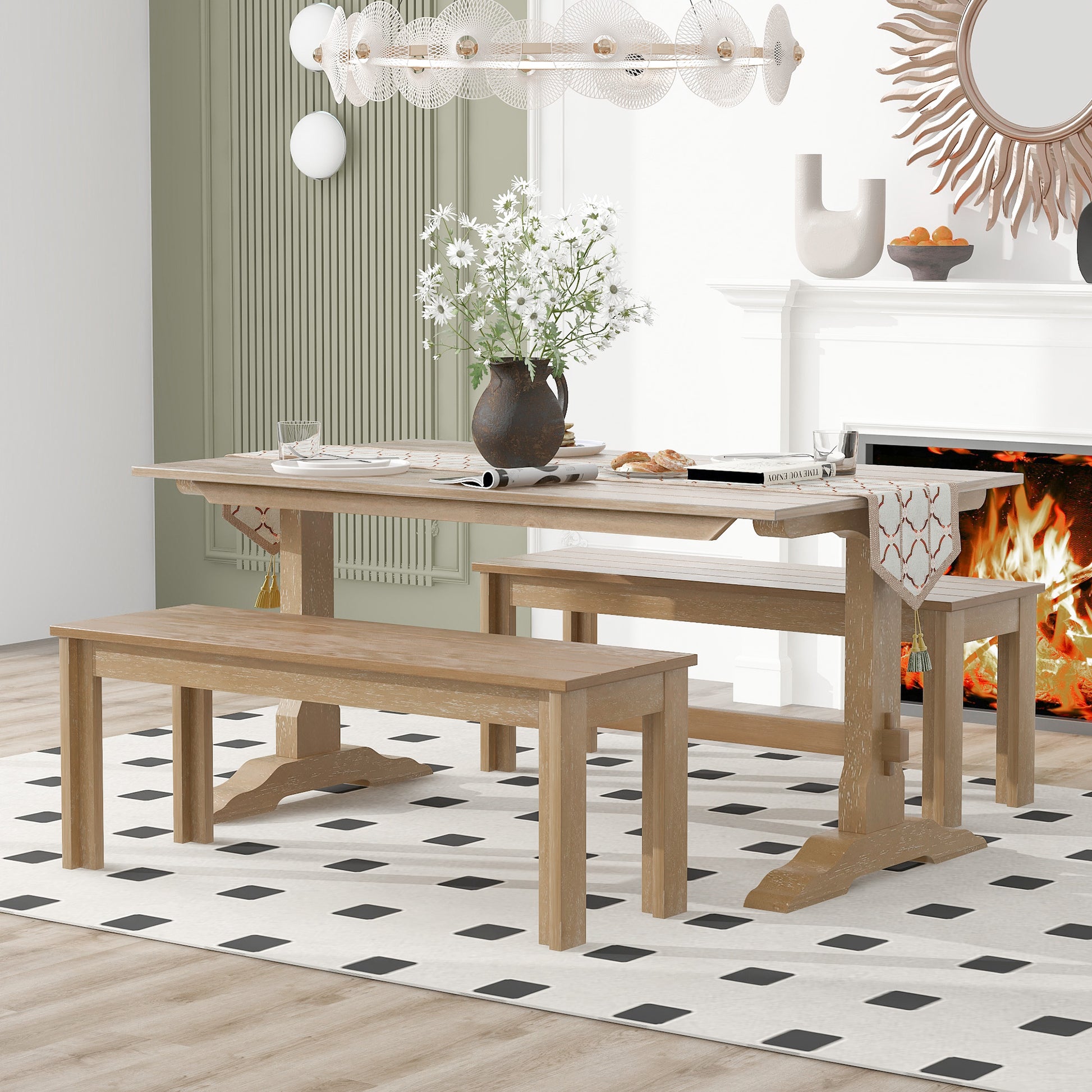 3 Piece Retro Dining Set, Rectangular Trestle Table And 2 Wooden Benches For 4 People For Dining Room And Kitchen Natural Wood Natural Wood Solid Wood Mdf