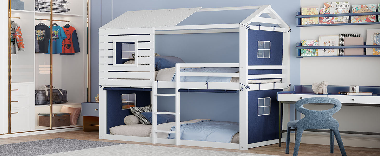 Twin Size Bunk Wood House Bed With Tent, Blue White Twin Blue Solid Wood Mdf
