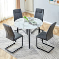 Table And Chair Set. Large Modern White Imitation Marble Patterned Round Table With Black Metal Legs. Nice Minimalism, Comfortable Seats And Black Metal Legs. White Gray Seats 4 Glass Metal