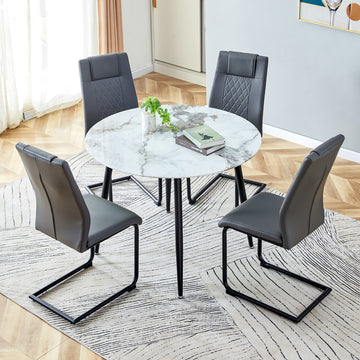 Table And Chair Set. Large Modern White Imitation Marble Patterned Round Table With Black Metal Legs. Nice Minimalism, Comfortable Seats And Black Metal Legs. White Gray Seats 4 Glass Metal