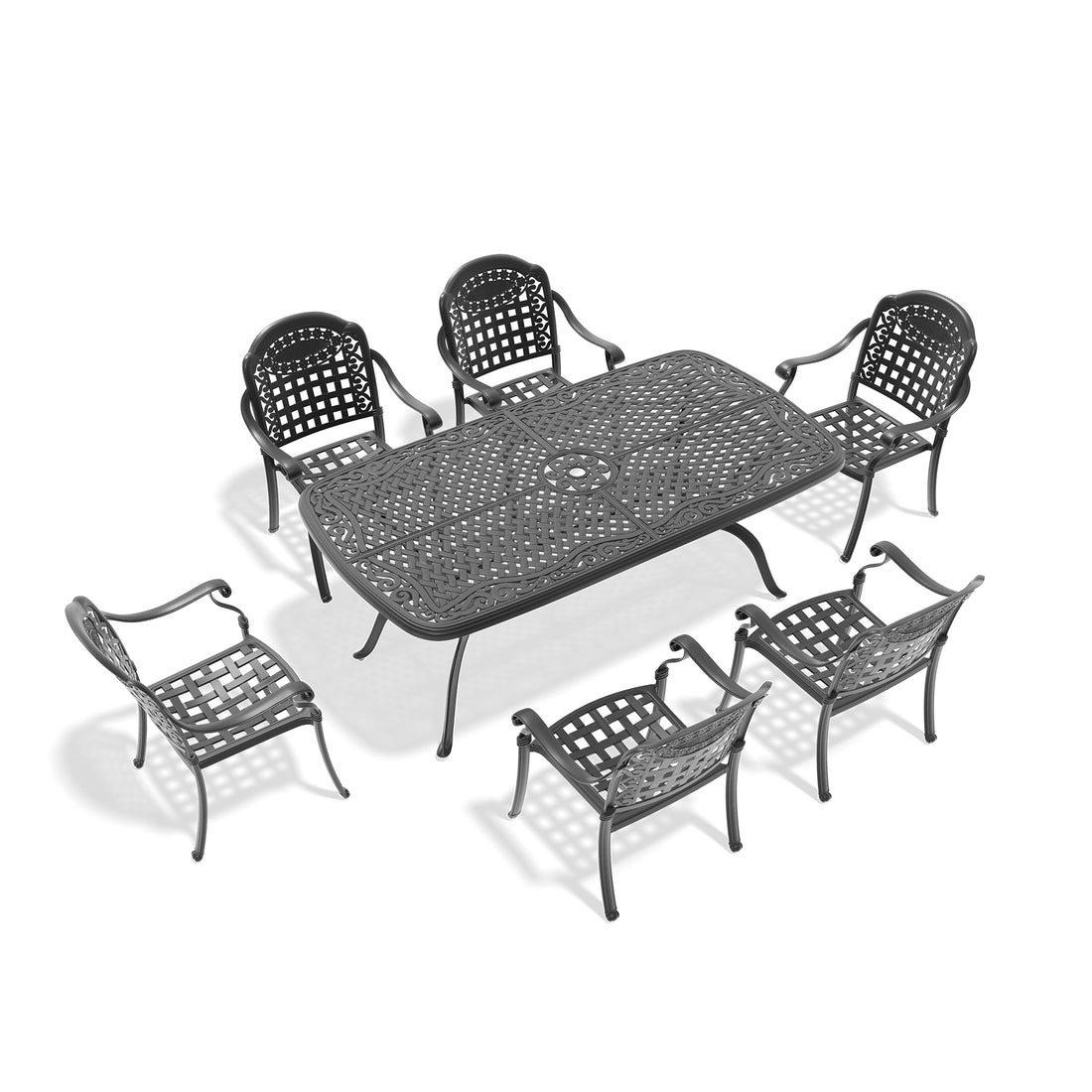 Cushions In Random Colors 7 Piece Set Of Cast Aluminum Patio Furniture With Cushions Yes Black Seats 6 Rust Resistant Frame Water Resistant Cushion Garden & Outdoor Aluminium