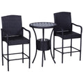 Outsunny Rattan Wicker Bar Set For 3 Pcs With Ice Buckets, Patio Furniture With 1 Bar Table And 2 Bar Stools For Poolside, Backyard, Porches Dark Brown Steel