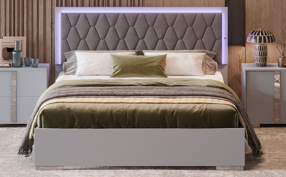 Queen Size Upholstered Bed With Led Lights,Modern Platform Bed With Velvet Headboard,Grey Queen Grey Mdf