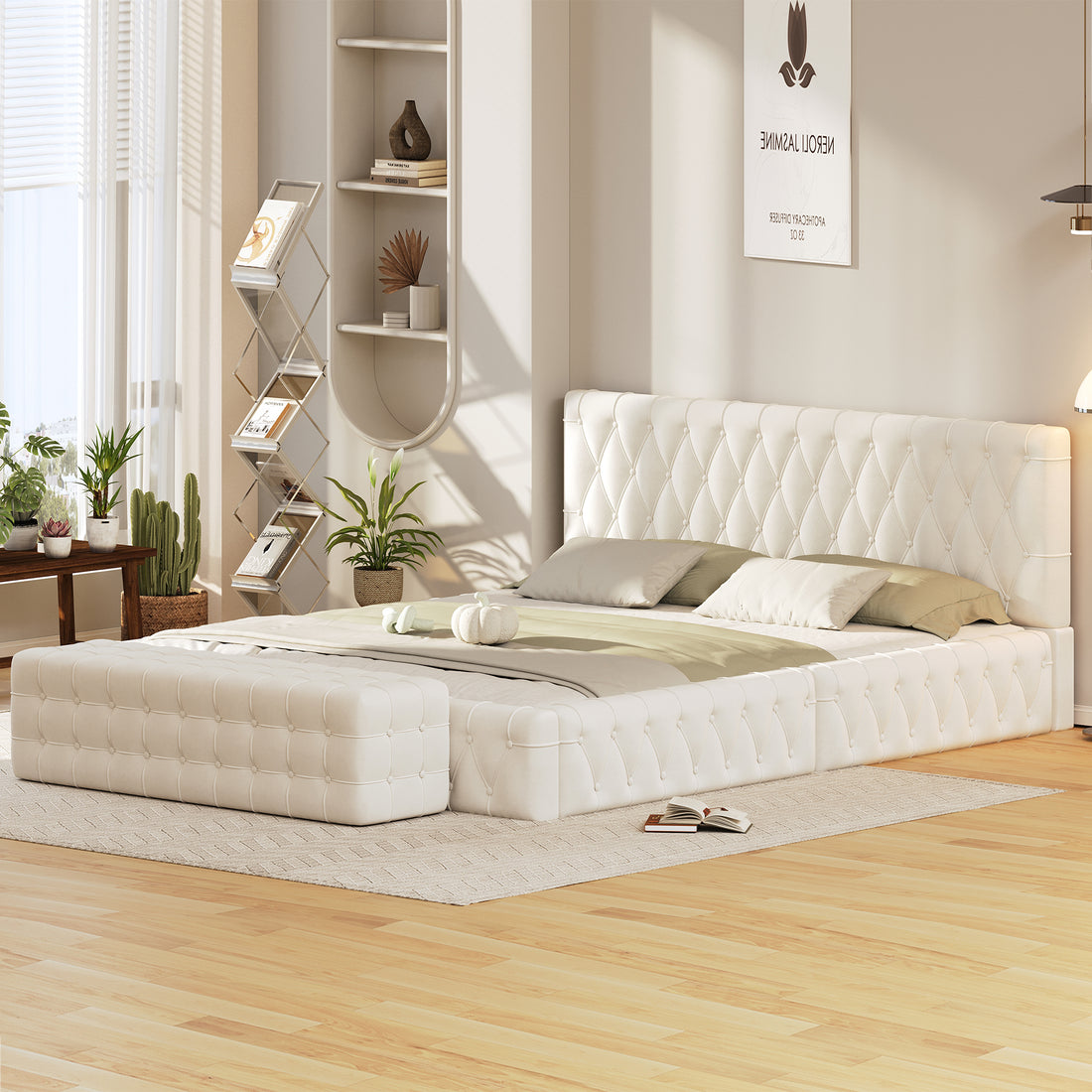 2 Pieces Bedroom Sets Queen Size Upholstered Bed With Rectangular Upholstered Ottoman For Bedroom,White Queen White 2 Piece Set Solid Wood Mdf