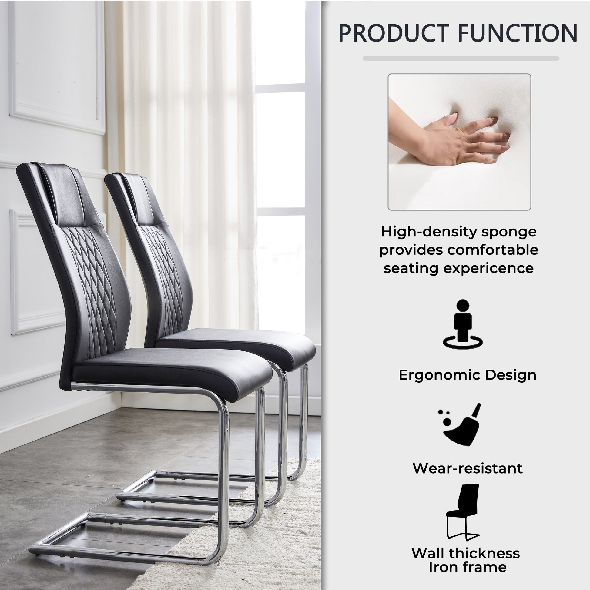 Table And Chair Set.Modern Dining Table, Tempered Glass Countertop With Artistic Mdf Legs.Paried With 4 Comfortable Chairs With Pu Seats And Metal Legs. Suitable For Various Decoration Styles. Black,Transparent Seats 4 Mdf Glass