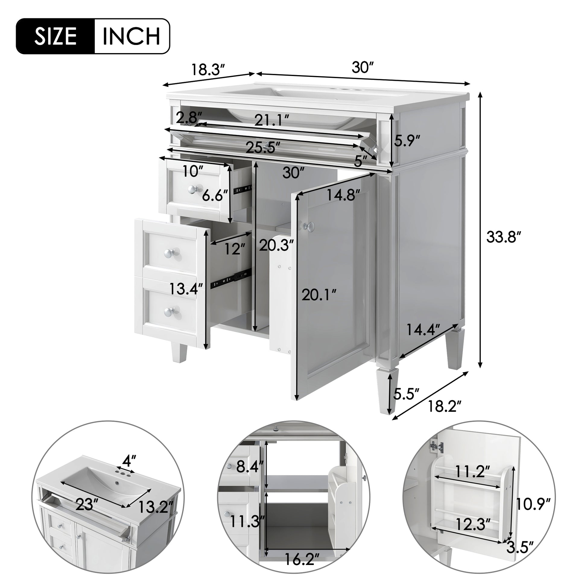 30'' Bathroom Vanity With Top Sink, Modern Bathroom Storage Cabinet With 2 Drawers And A Tip Out Drawer, Freestanding Vanity Set With Mirror Cabinet, Single Sink Bathroom Vanity White Bathroom Solid