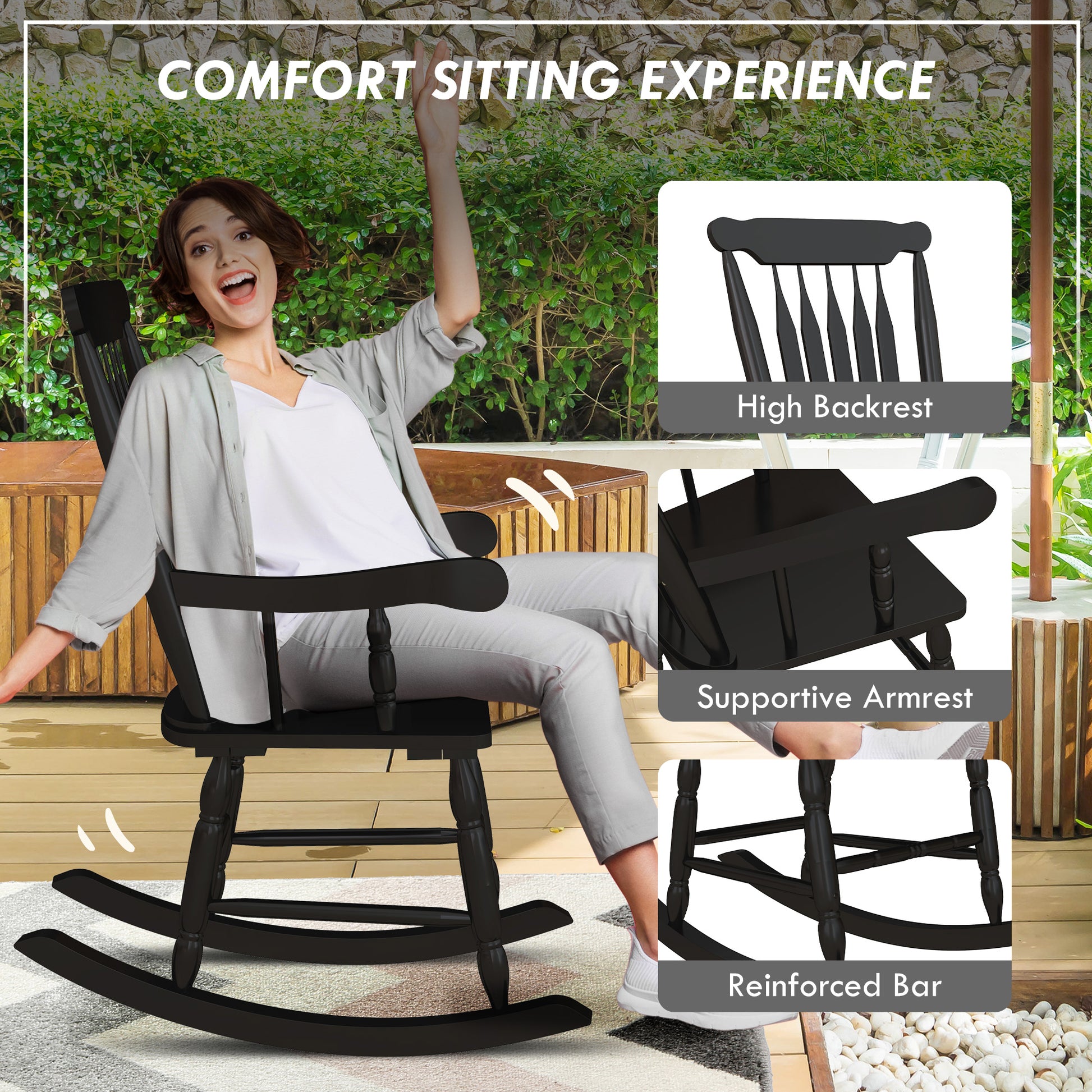 Outsunny Outdoor Wood Rocking Chair, 350 Lbs. Porch Rocker With High Back For Garden, Patio, Balcony, Black Black Wood