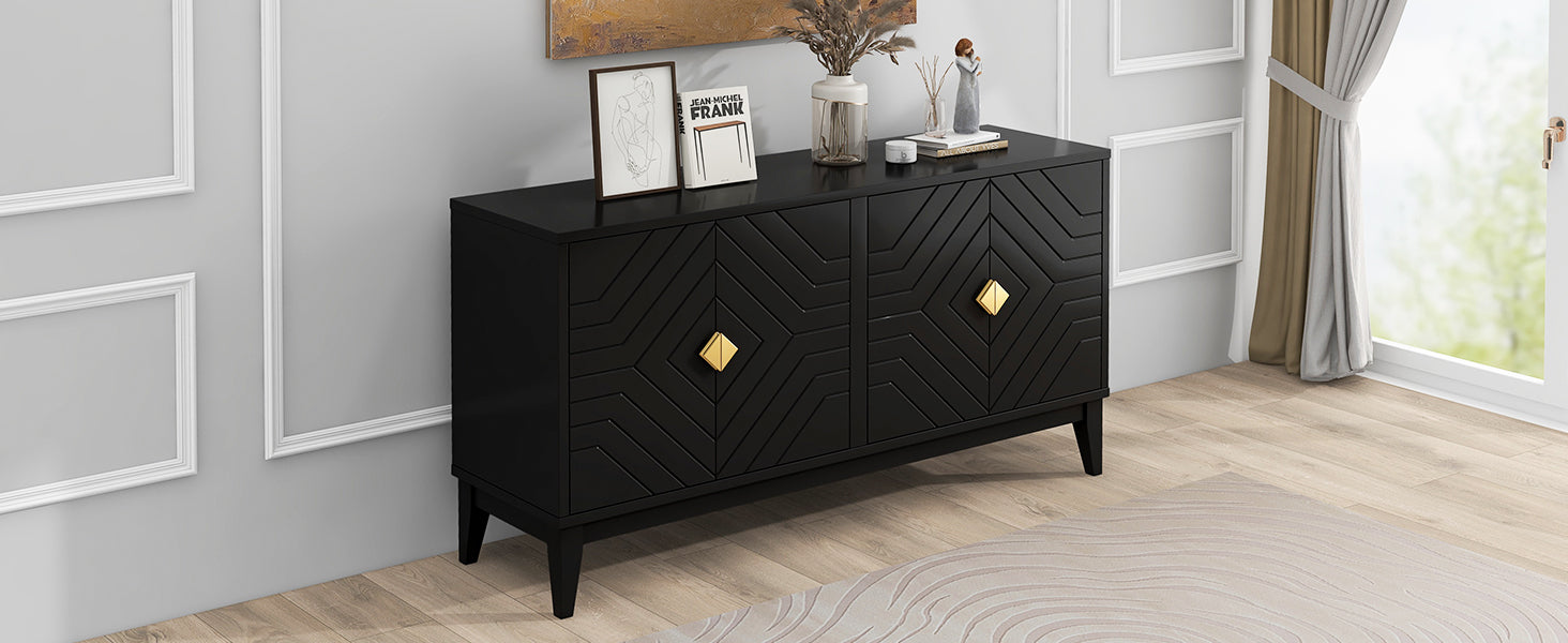 4 Door Sideboard Storage Cabinet For Living Room And Dining Room, Two Large Cabinets With Gold Handles And Adjustable Shelf, Black Black Rubberwood Solid Wood Mdf