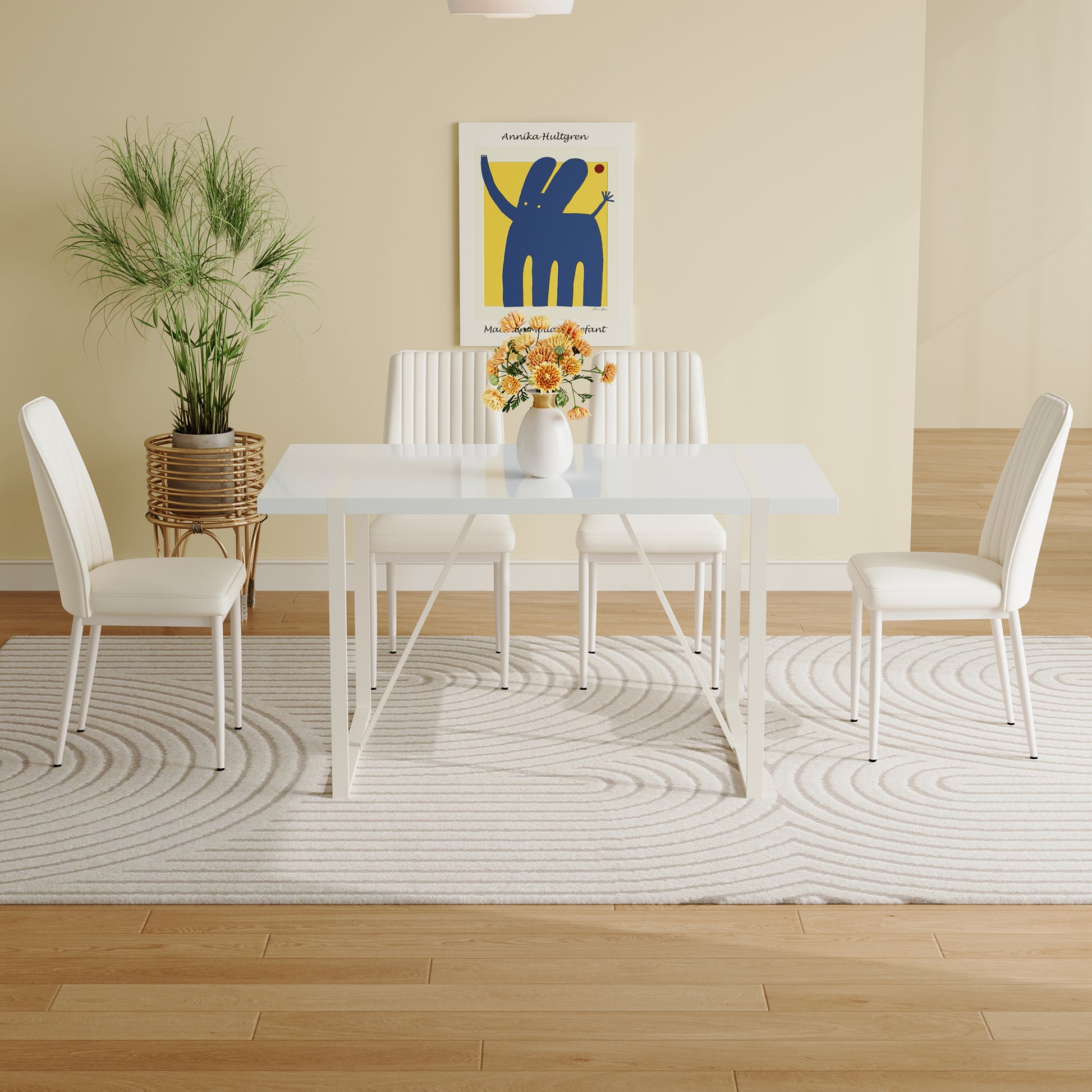 55"X31.5"Cream Style White Mdf Dining Table Set With 4 Armless Chairs.The Backrest Of The Dining Chair Is Designed With Multiple Vertical Stripes.Adding A Warm Atmosphere To Your Family. White Seats