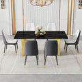 Table And Chair Set.The Table Has A Glass Top With Imitation Marble Pattern Stickers And Stainless Steel Golden Legs. Paried With Chairs With Pu Artificial Leather Backrest Cushions And Black Legs. Black Gold Seats 6 Glass Metal