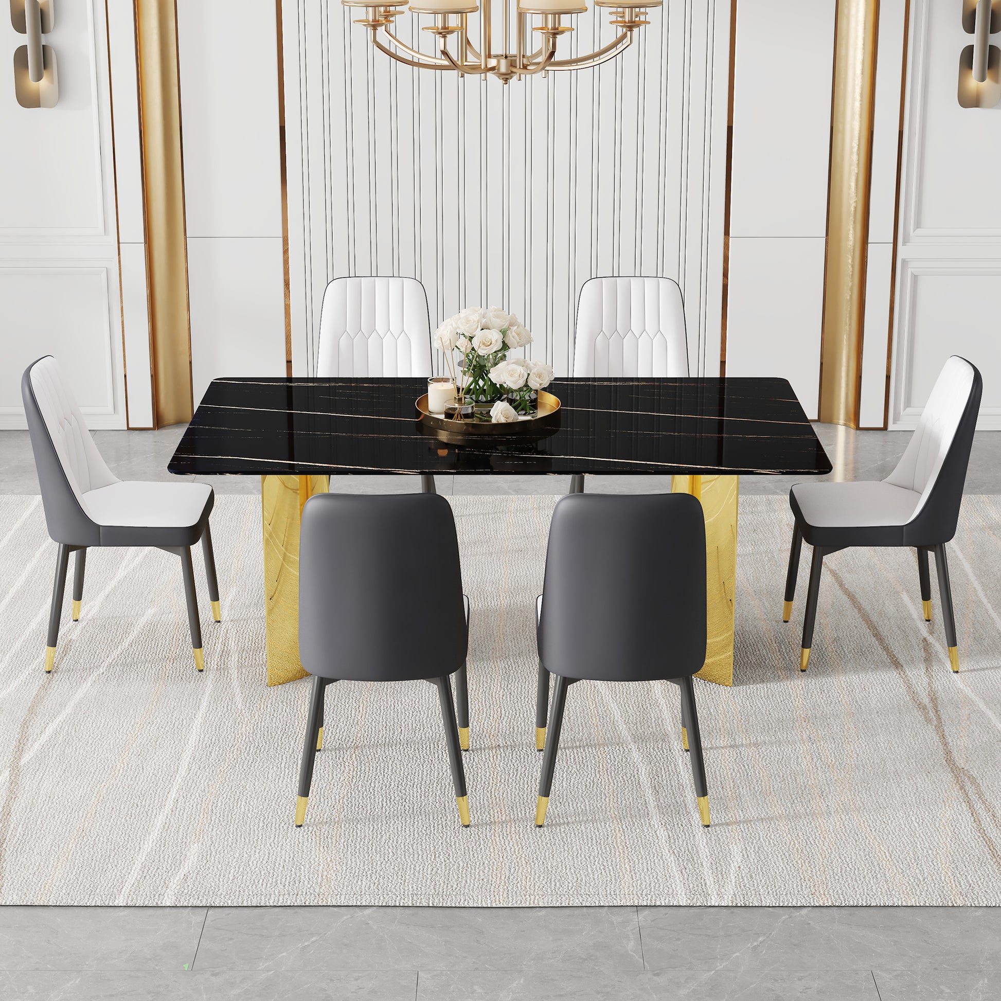 Table And Chair Set.The Table Has A Glass Top With Imitation Marble Pattern Stickers And Stainless Steel Golden Legs. Paried With Chairs With Pu Artificial Leather Backrest Cushions And Black Legs. Black Gold Seats 6 Glass Metal