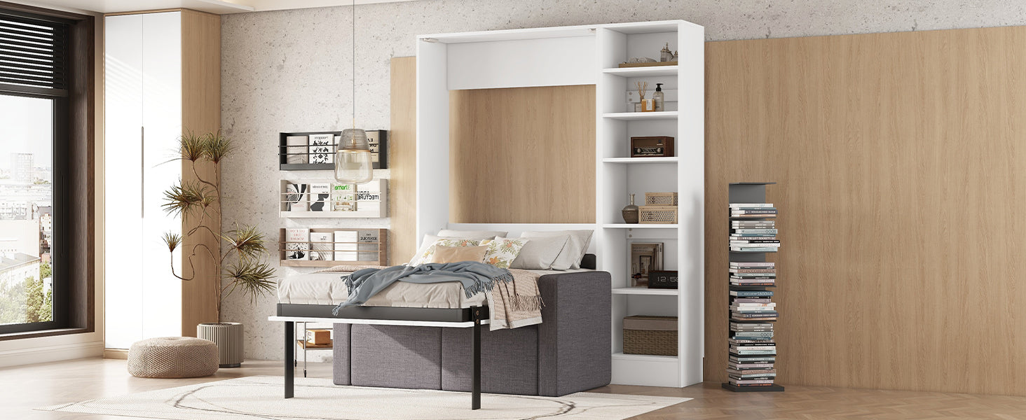 Twin Size Murphy Bed Wall Bed With Sofa,With Shelves,White Twin White Plywood