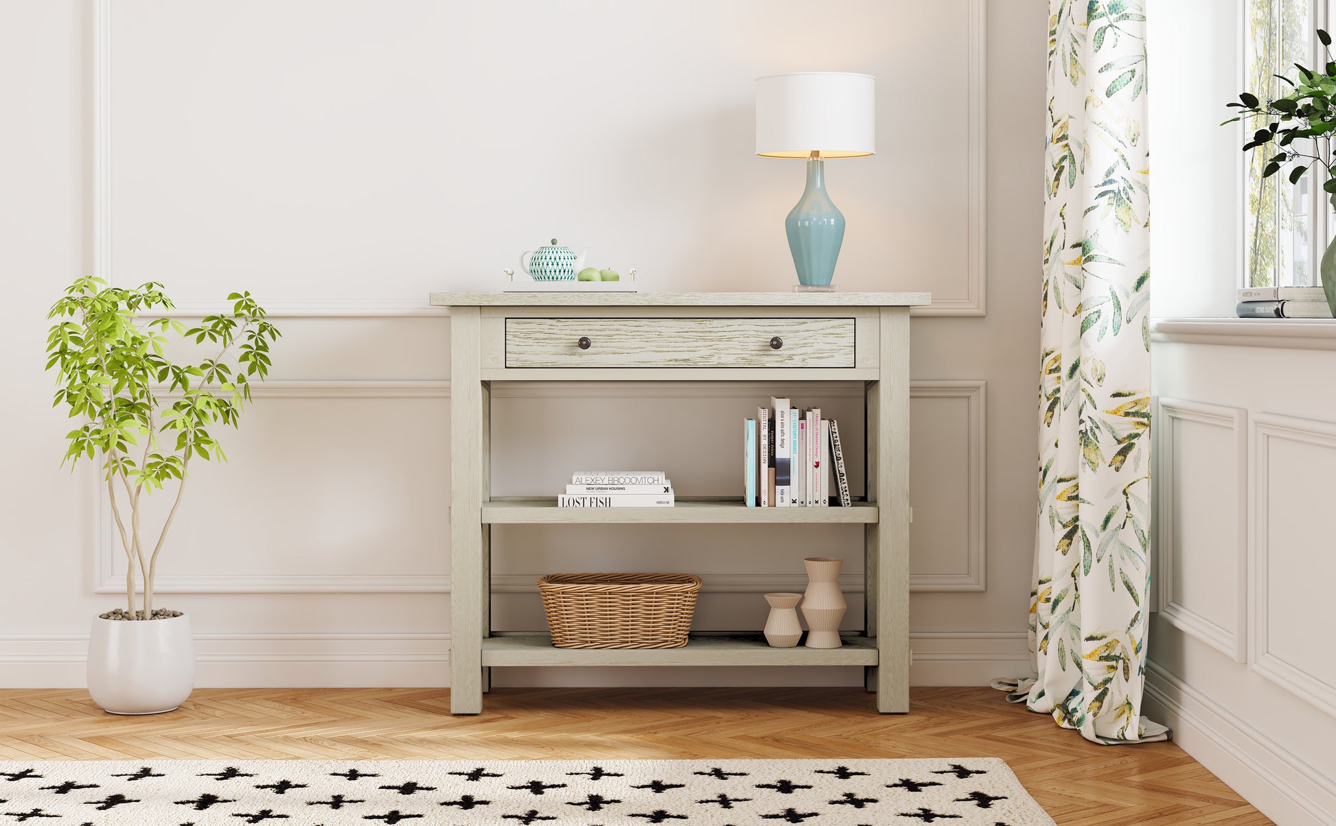 Retro Console Table With Drawer And Two Sturdy Shelves For Entryway, Living Room Gray Wash Gray Wash Mdf,Rubber Wood