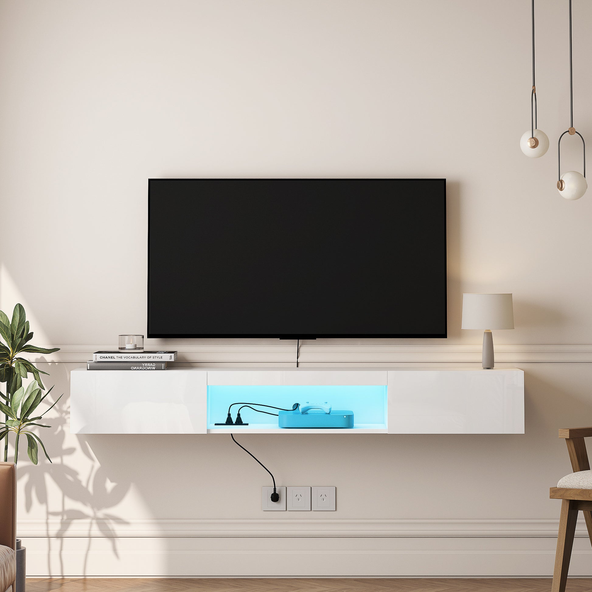 Floating Tv Stand Wall Mounted With 20 Color Leds,63" Modern Tv Stand,Floating Tv Cabinet Entertainment Center For 55 60 65 Inch Tv,White White 60 69 Inches Mdf