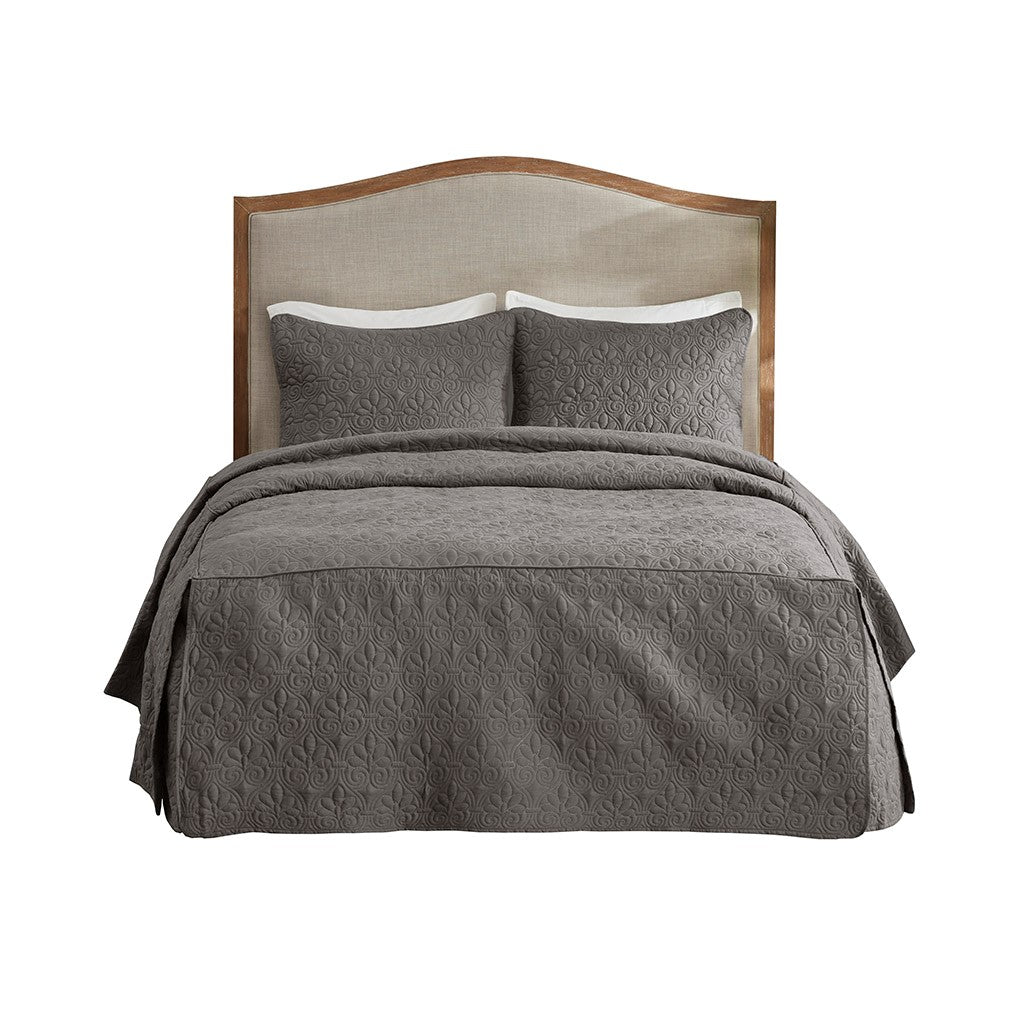 3 Piece Split Corner Pleated Quilted Bedspread Dark Grey Queen Dark Grey Polyester