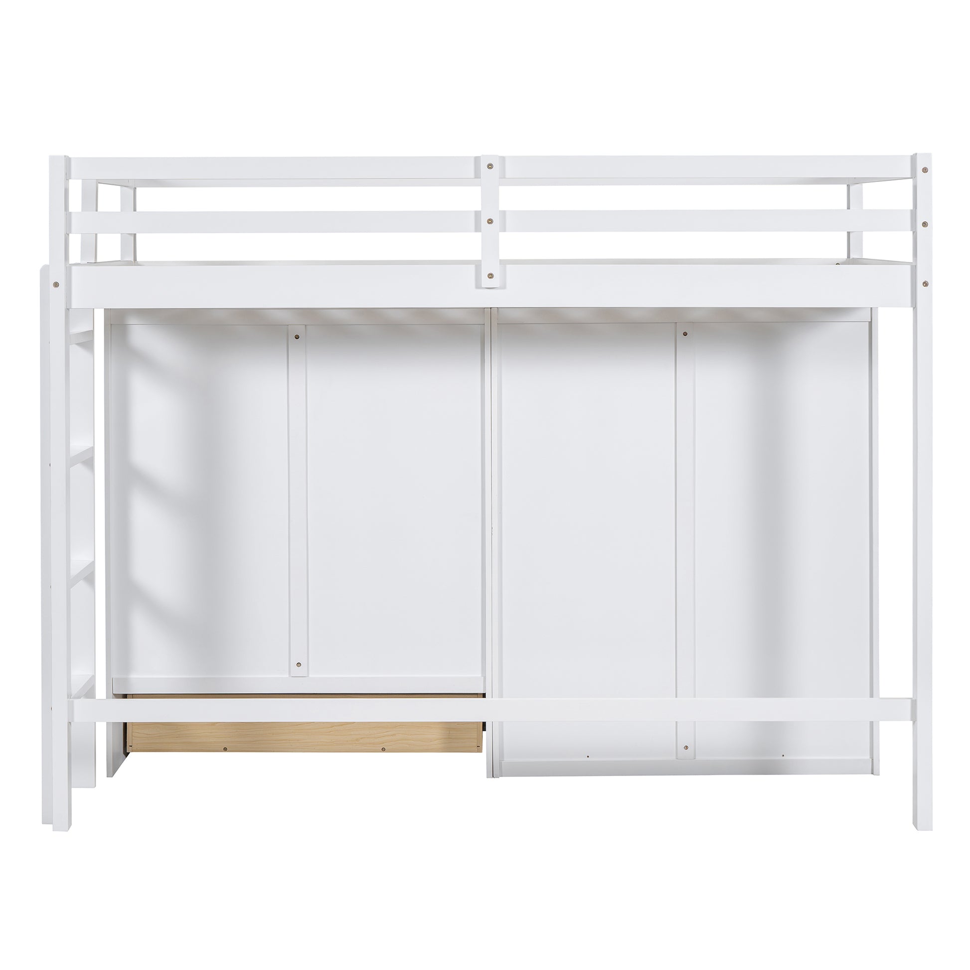 Twin Size Loft Bed With Drawer, Two Wardrobes And Mirror, White White Solid Wood Mdf