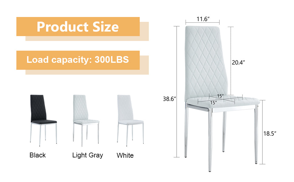 4 Piece Set Of Checkered Armless High Back Dining Chairs, Office Chairs. Suitable For Restaurants, Living Rooms, Kitchens, And Offices. Light Gray Chairs And Electroplated Metal Legs 0924 Light Gray Pu