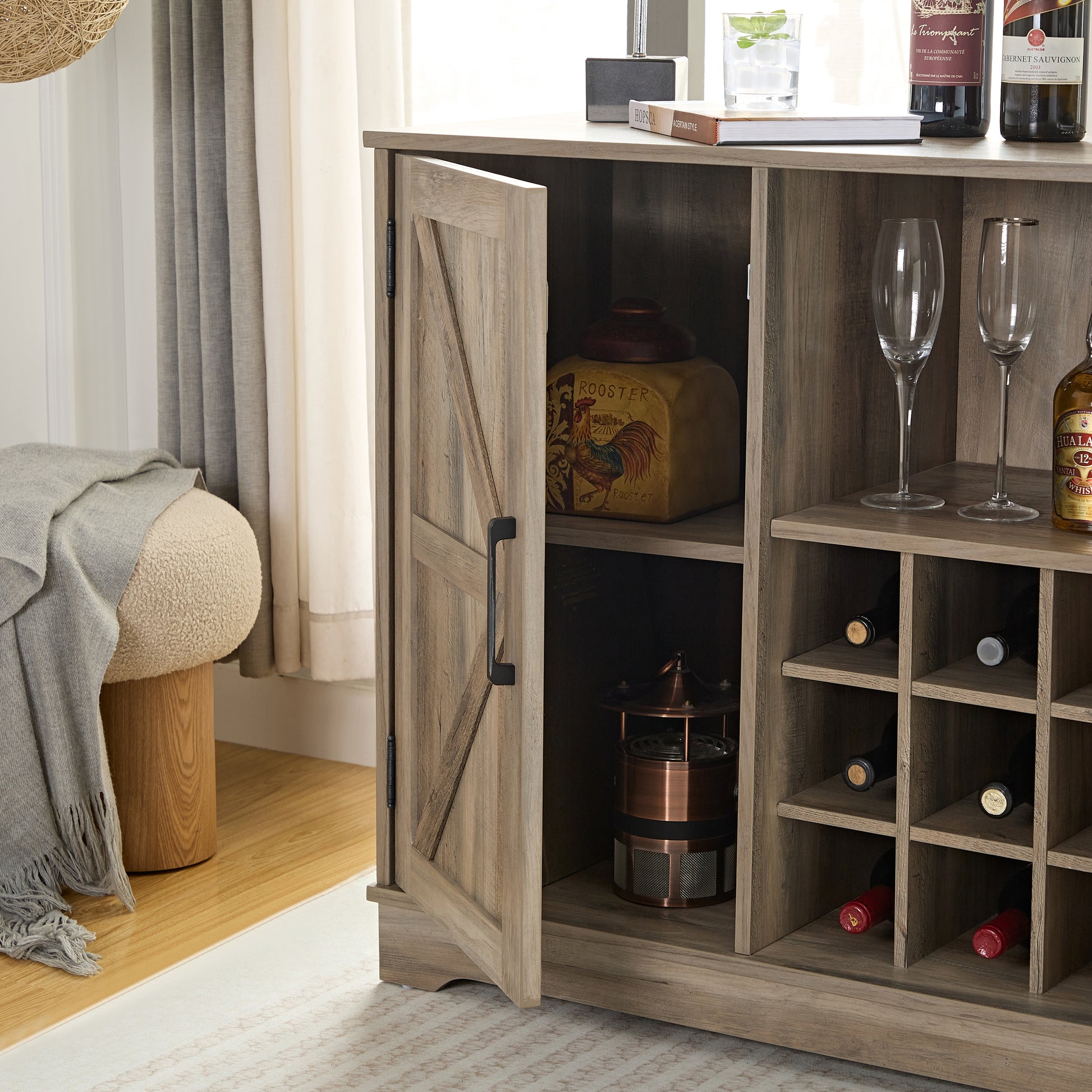 Wine Bar Cabinet For Liquor And Glasses, Farmhouse Coffee Bar, Cabinet With Wine Rack Barn Door Buffet Sideboard Cabinet With Drawer, Adjustable Storage Shelves, 31.5"*15.75"*31.5"Gray Wash Gray