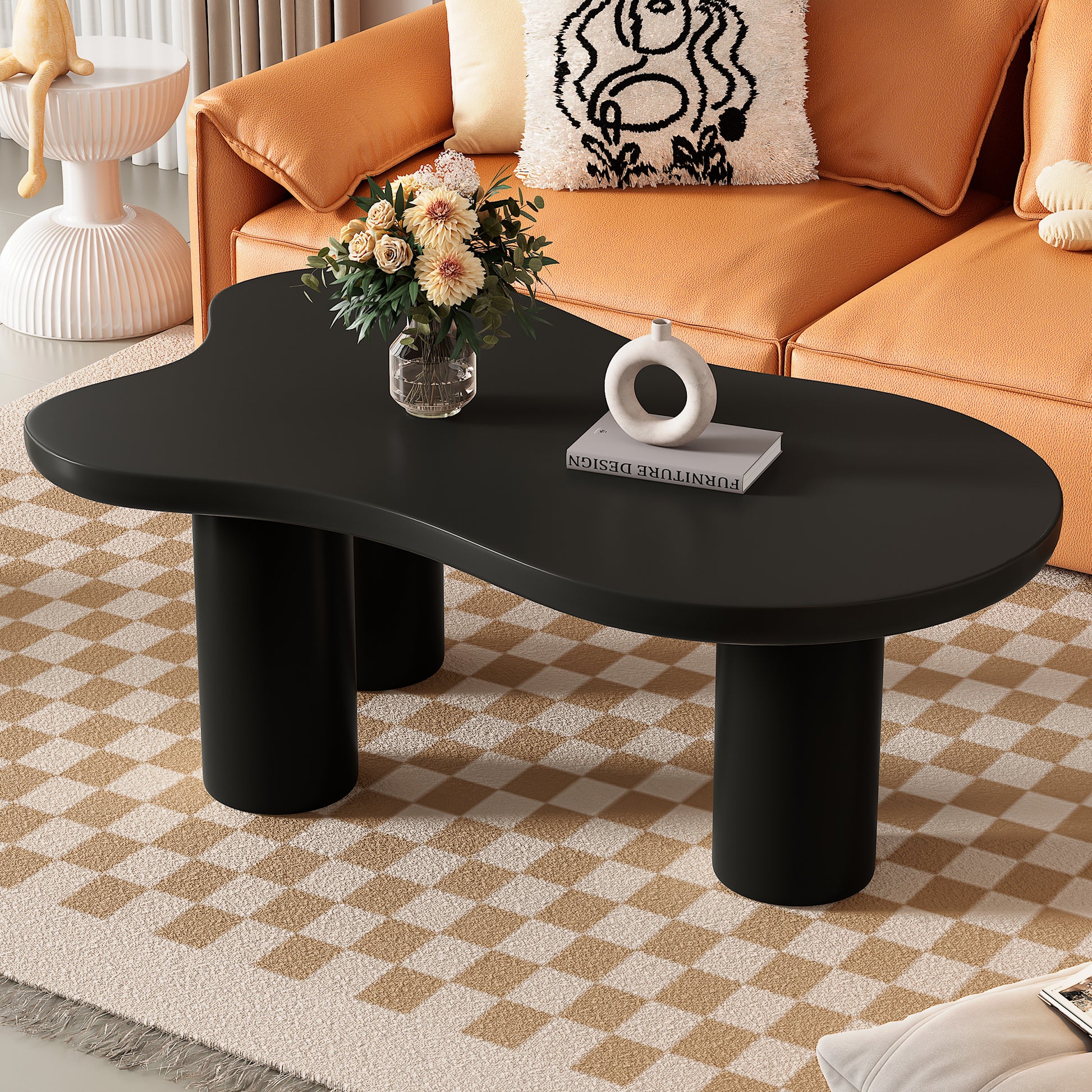 44'' X 25.9'' Easy Assembly Cloud Coffee Table With 1.5'' Thick Tabletop, Cream Style Irregular End Table With 3 Sturdy Legs, Sleek Center Table With Round Edge For Living Room, Black Black Mdf
