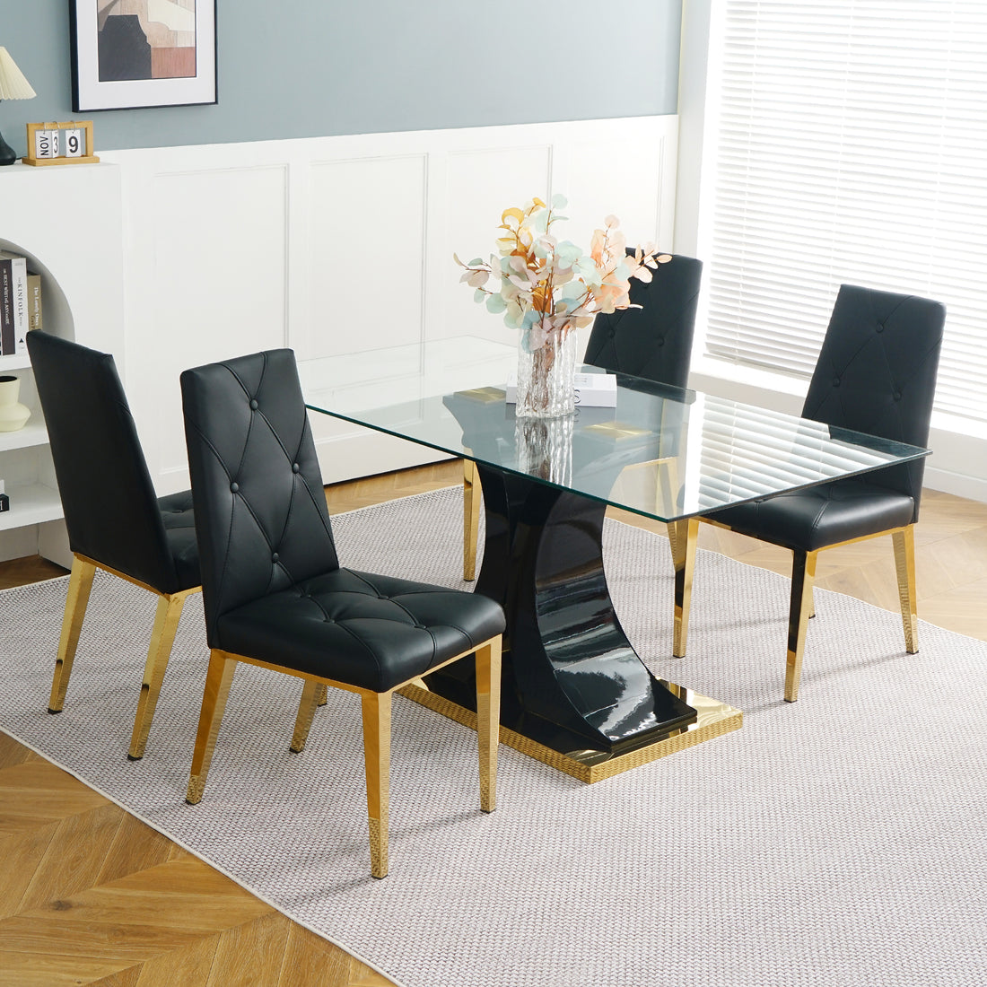 Modern Style Glass Dining Table, Elegant Transparent Design, Solid Support Base, Black Dining Chair Set, Gold Plated Chair Legs, Suitable For Restaurant Kitchens Set Of 5 Black Gold Seats 4 Mdf Glass