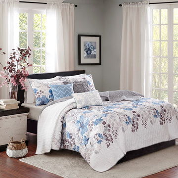 6 Piece Printed Quilt Set With Throw Pillows Blue Full Queen Full Blue Cotton