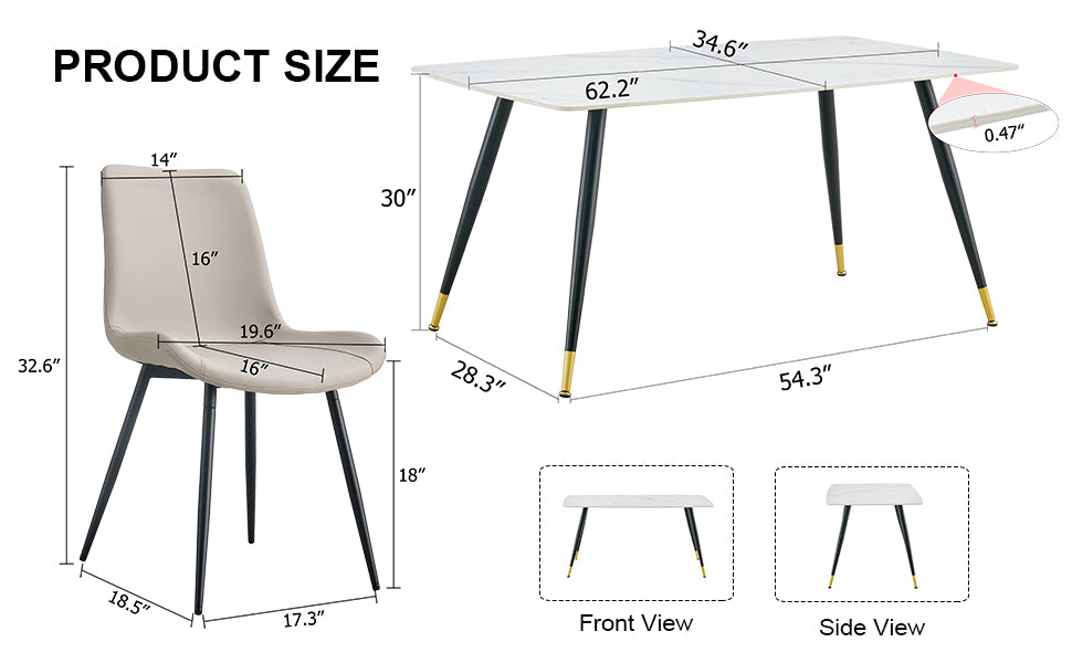 Table And Chair Set, White Imitation Marble Texture Rock Board Table Top, Black Metal Table Legs, Stable And Beautiful. Modern Simple Dining Table, Comfortable Seating. White Gray Metal