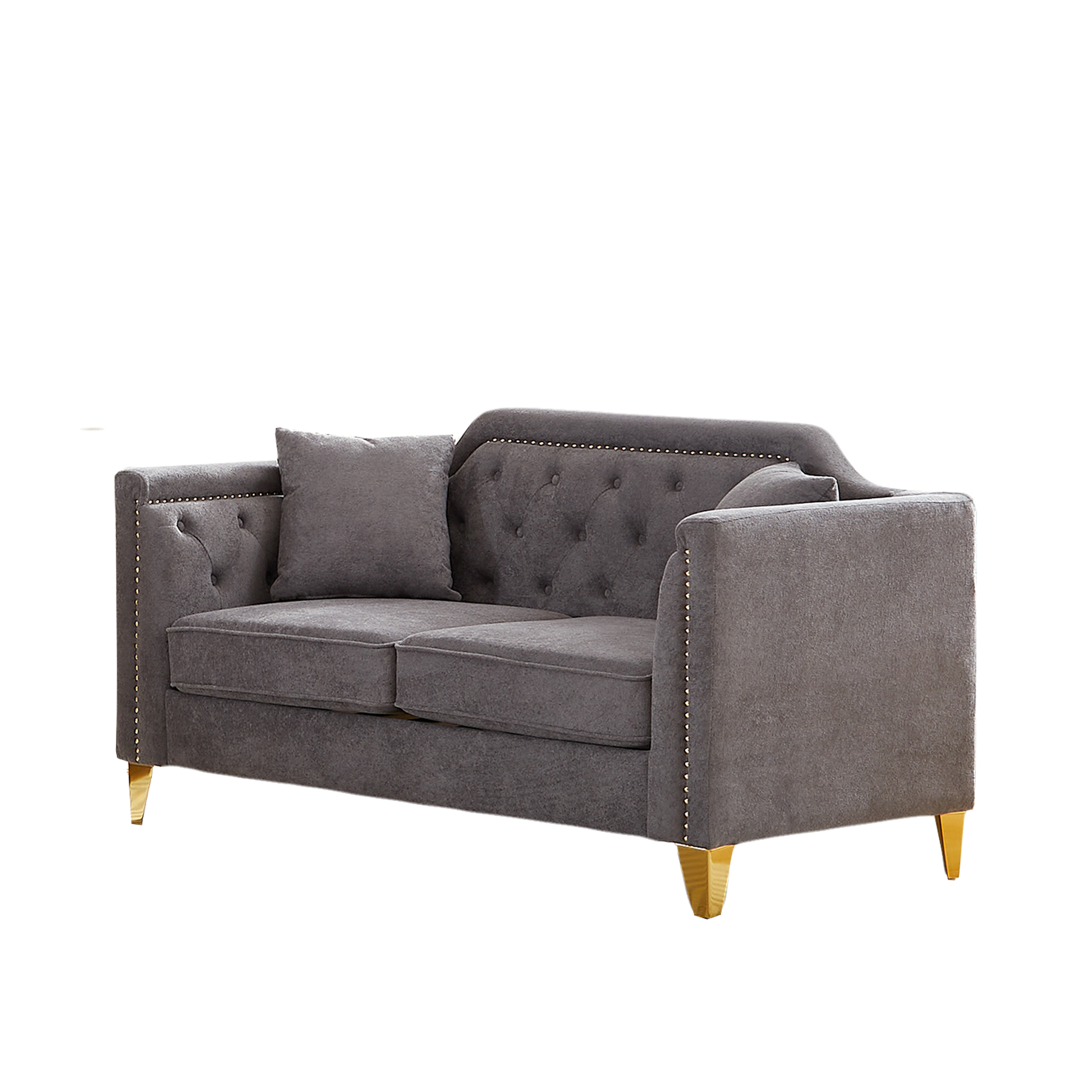 Fx 61.5"Mid Century Design Modern Sofa,Chenille Pull Buckle Design Sofa For Living Room,Buttons Tufted With Copper Nail Decoration Armrest, With 2 Pillows,Modern Couch Upholstered Button And Metal Leg Grey Chenille Wood Pine Foam Fabric 2 Seat