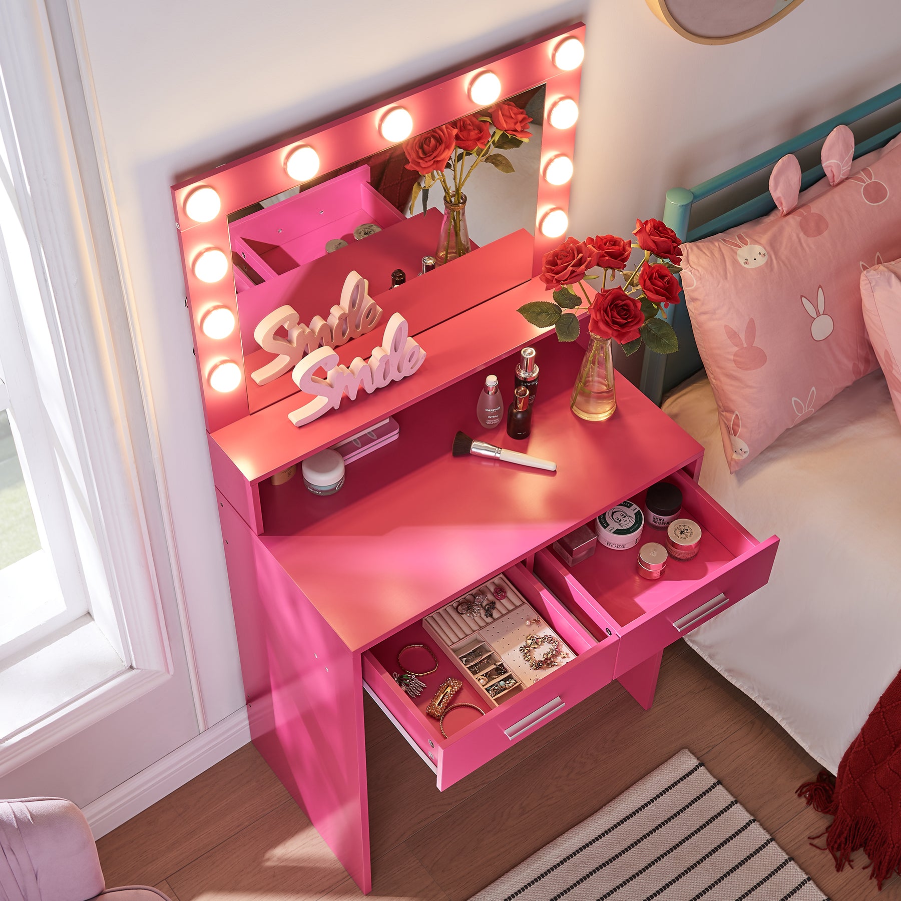 Vanity Desk With Mirror And Lights, Dressing Table With Large Drawer, 2 Level Storage Dresser & 3 Lighting Modes Adjustable Brightness, Suitable For Bedroom Rose Pink Rose Pink Particle Board