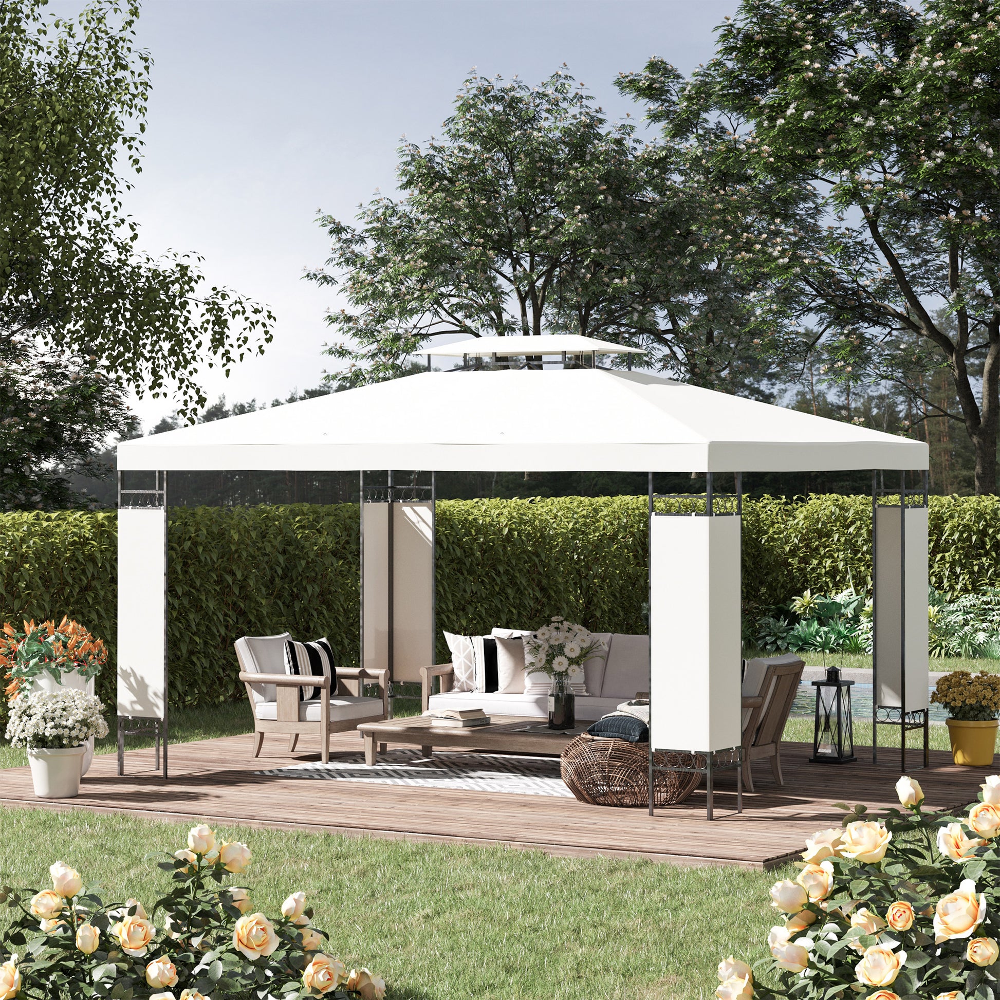 Outsunny 10' X 13' Patio Gazebo, Double Roof Outdoor Gazebo Canopy Shelter With Screen Decorate Corner Frame, For Garden, Lawn, Backyard And Deck, Cream White Cream White Steel