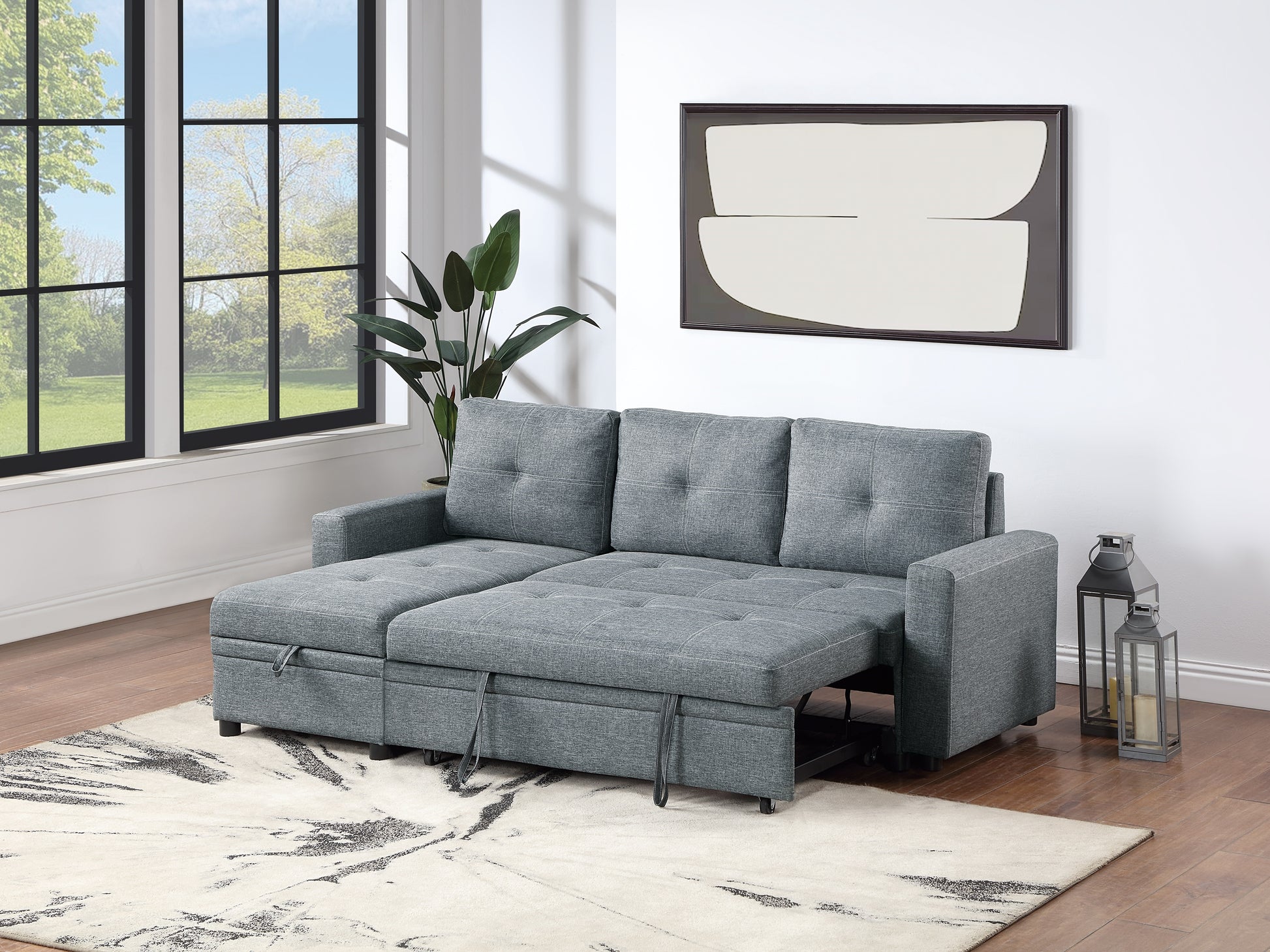 Black Gray Polyfiber Convertible Sectional Sofa Pull Out Bed Couch Storage Chaise Reversible 2Pc Sectional Living Room Furniture Grey Black Primary Living Space Tufted Back Contemporary,Modern L Shaped Square Arms Plywood 4 Seat