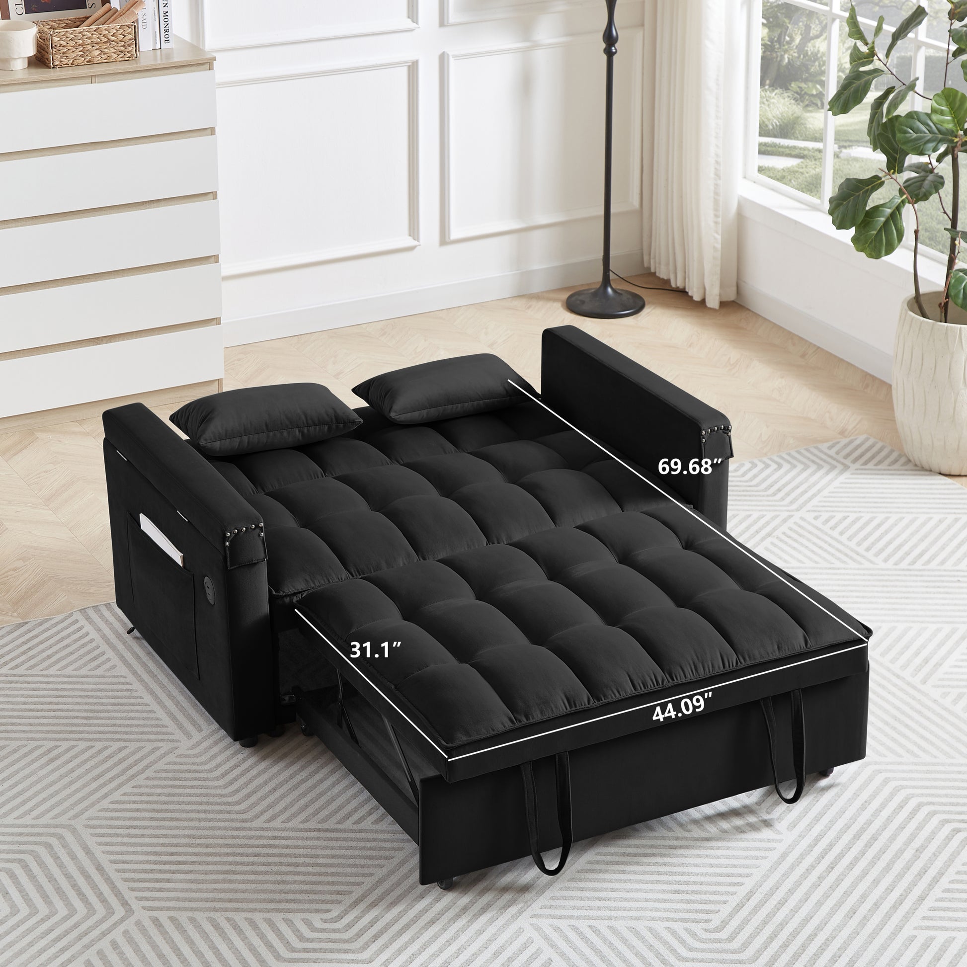 Convertible Sofa Bed, 3 In 1 Multi Functional Velvet Sleeper Couch Pull Out Bed, 48'' Loveseat Chaise Lounge With Adjustable Backrest And Pillows, Hidden Side Table For Living Room, Small Space, Black Black Velvet 2 Seat