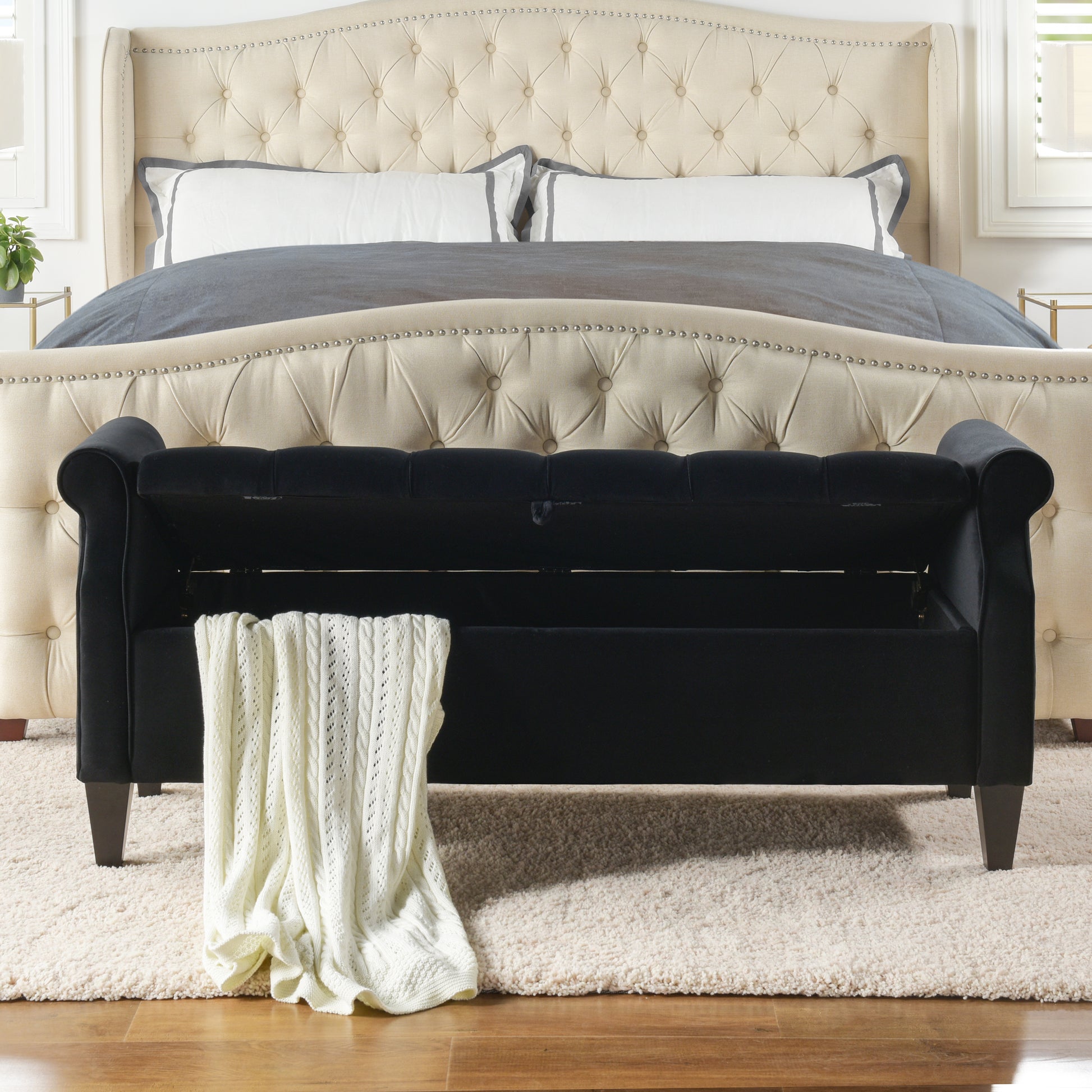 Jacqueline 57.5" Tufted Roll Arm Storage Bench, Anthracite Black Velvet Anthracite Foam Velvet