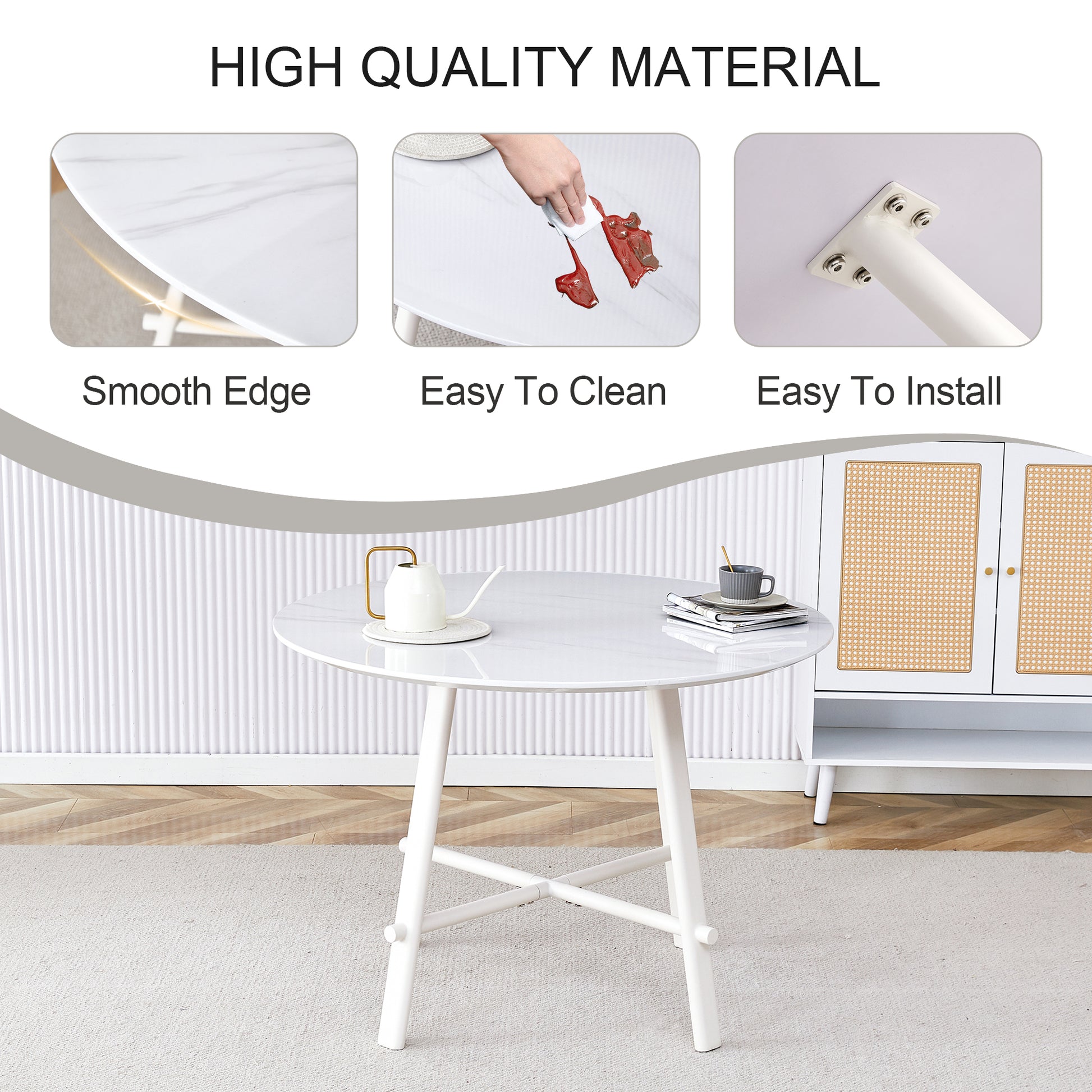 Table And Chair Set, Mdf Desktop, White Metal Table Legs, Stable And Beautiful, Suitable For Most Styles Of Home. Modern Simple Dining Table, Comfortable Seating. White Seats 4 Mdf