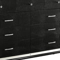 9 Drawer Wooden Dresser With Embossed Texture And Mirror Accents, Black Black Wood