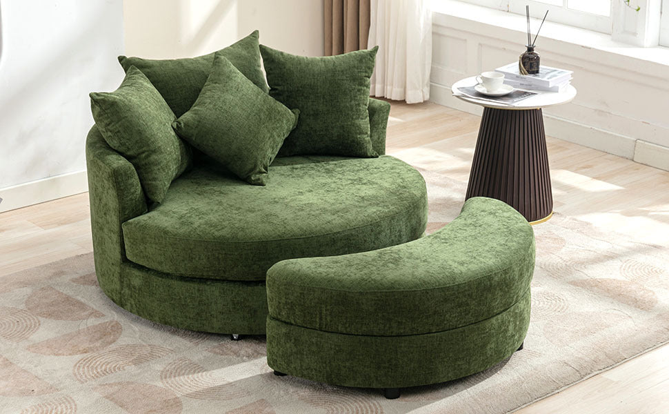 Orisfur. 360 Swivel Accent Barrel Chair With Storage Ottoman & 4 Pillows, Modern Chenille Leisure Chair Round Accent For Living Room, Green Green Foam Chenille