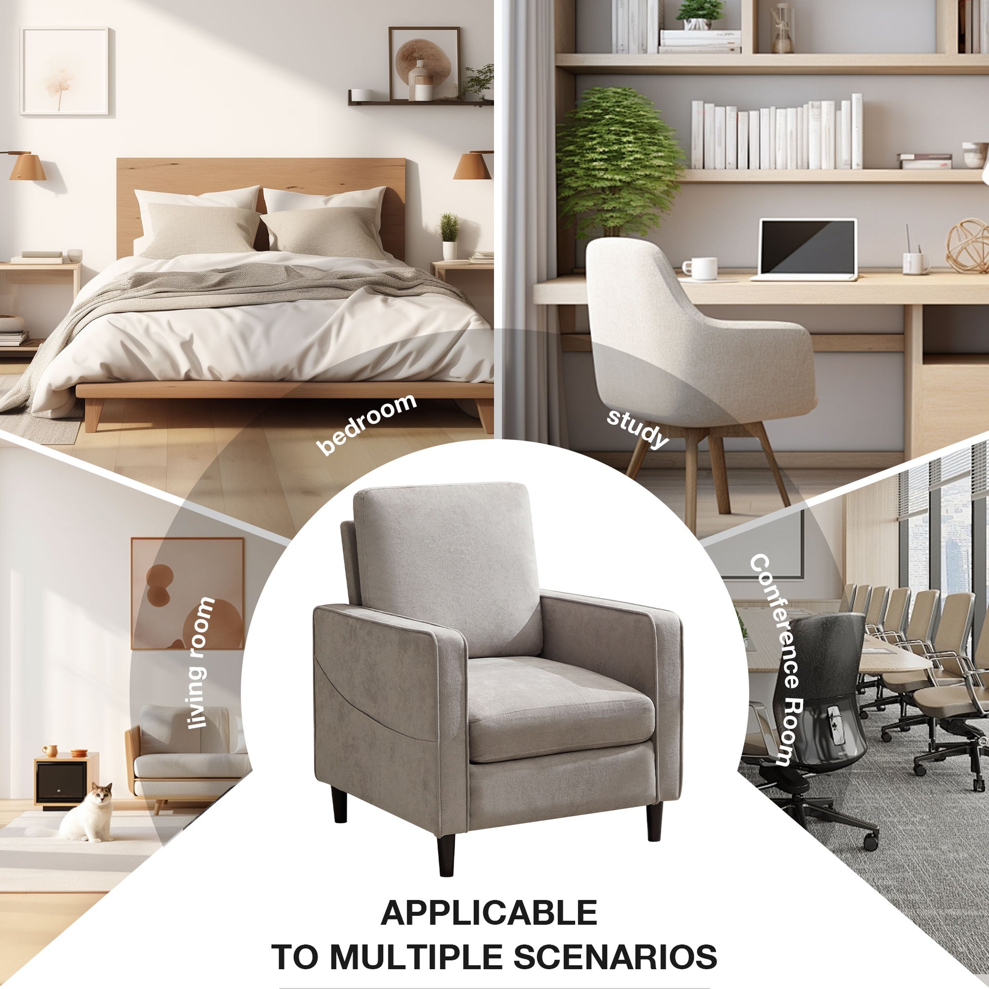 Mid Century Accent Chair ,Modern Linen Fabric Armchair For Living Room,Double Side Pockets, Comfortable And Padded Reading Feature Sofa Chair, Suitable For Bedrooms, Living Rooms, And Offices Light Gray Linen