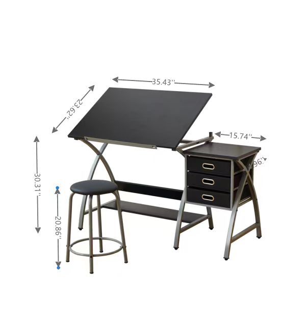 Drafting Table Sliver With Stool Silver Grey Mdf Metal