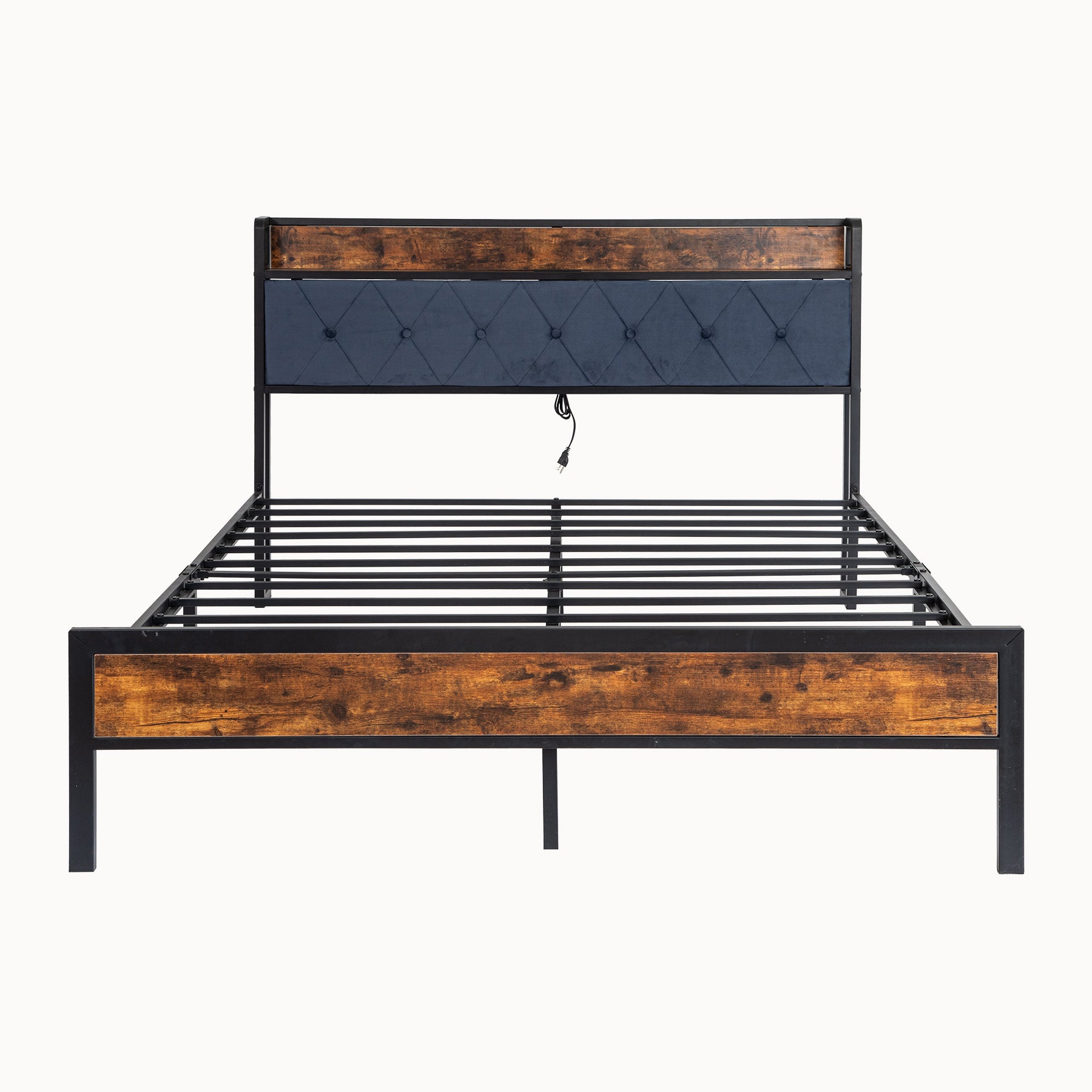 Black Queen Metal Bed Frame With Upholstered Headboard And Footboard And Iron Slats, Rustic Bed Base, Heavy Duty Platform Bed Frame,12 Inch Underbed Storage No Springs Required Box Spring Required Queen Black Dark Walnut Metal Brown Bedroom