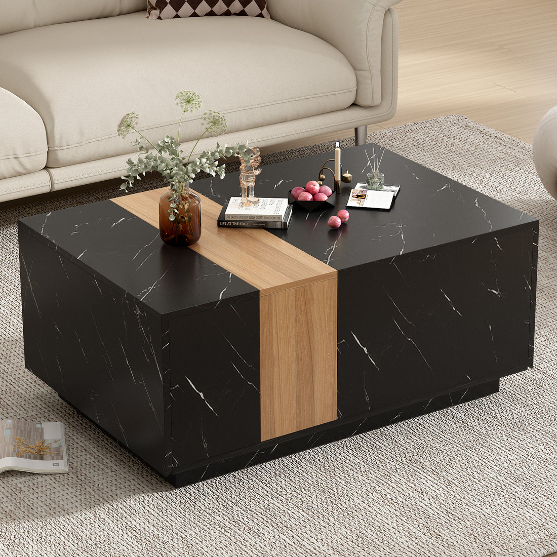 Modern 35.4 X 23.6 Inch Two Tone Coffee Table With Faux Marble And Walnut Wood Grain Finish, Rectangular Center Table With 2 Storage Drawers, Practical Cocktail Table For Living Room, Black Black Primary Living Space Drawers Rectangular Particle Board