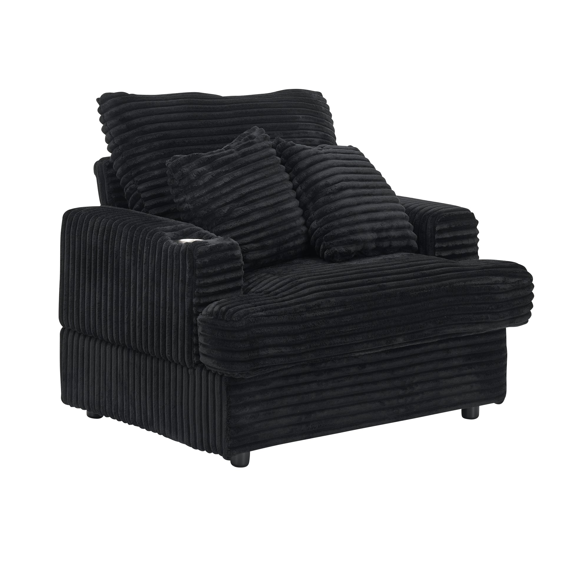 39 Inch Spring Upholstered Armchair And Ottoman Set Comfortable Single Sofa With Cup Holder And Corduroy Fabric, Perfect For Living Room Or Bedroom Black Corduroy 1 Seat