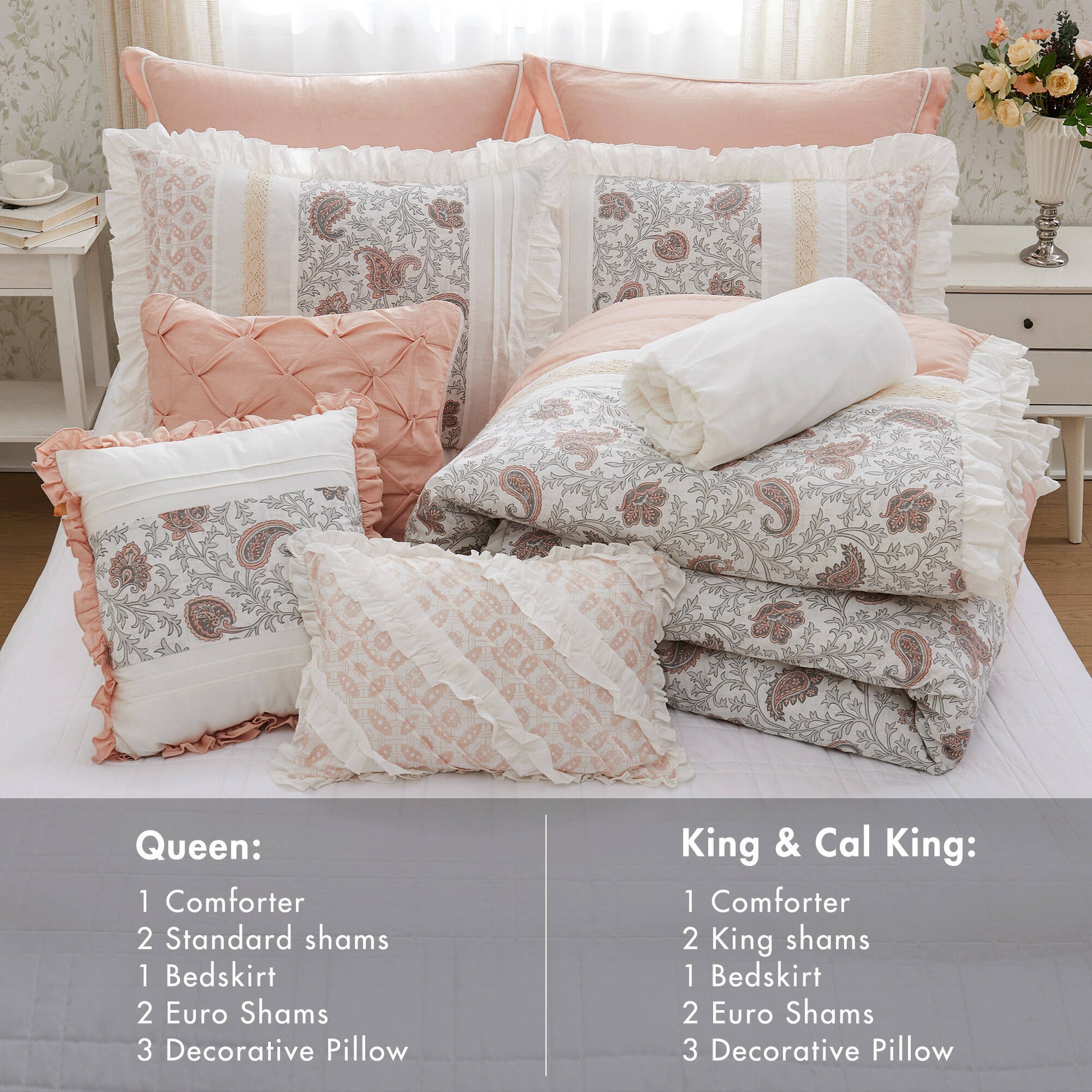 9 Piece Cotton Percale Comforter Set Blush King King Blush Polyester