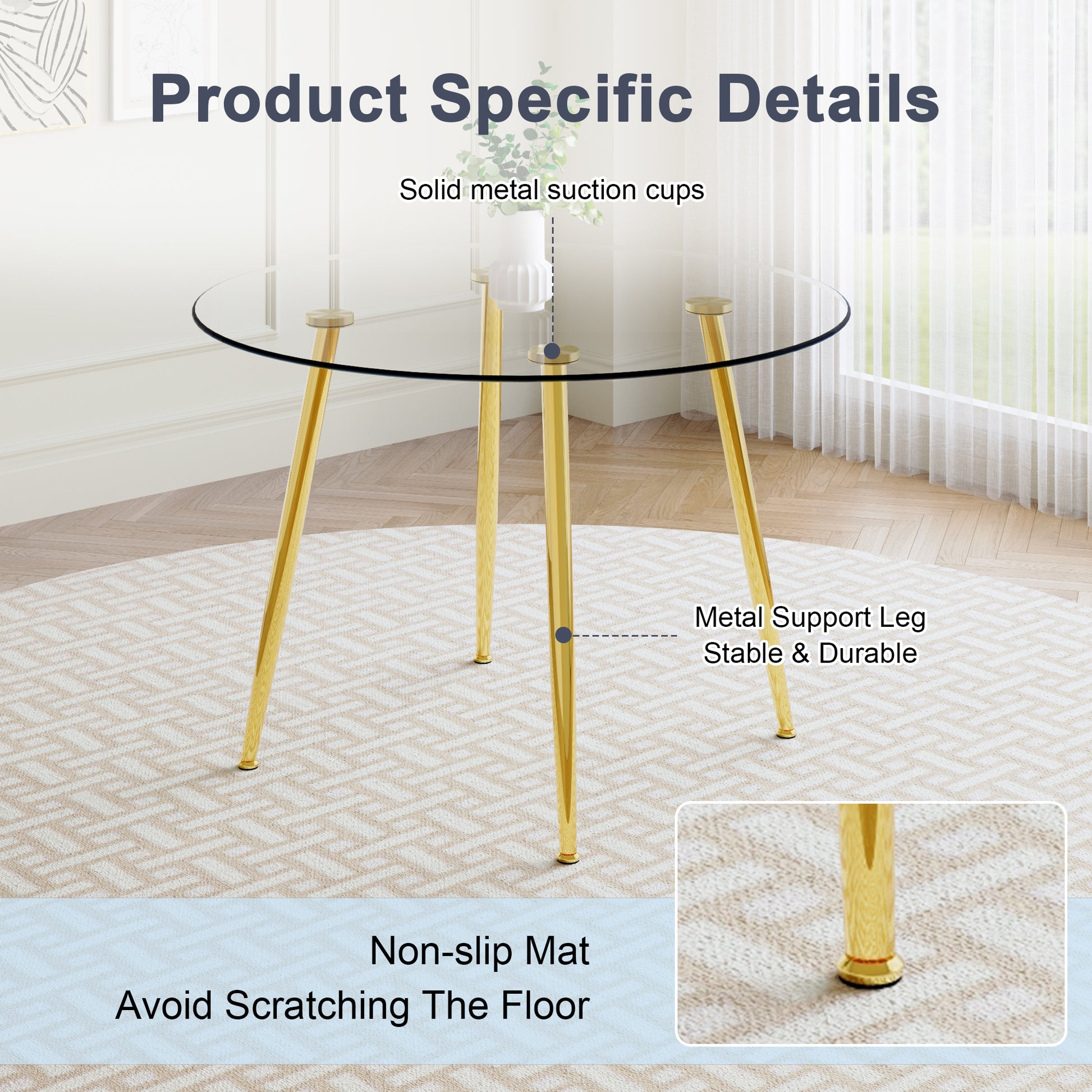 A Modern Minimalist Style Round Transparent Tempered Glass Table With Gold Metal Legs, Paired With 6 Modern Pu Leather High Back Dining Chairs ,Bring A Luxurious Experience. Black Seats 6 Glass Metal