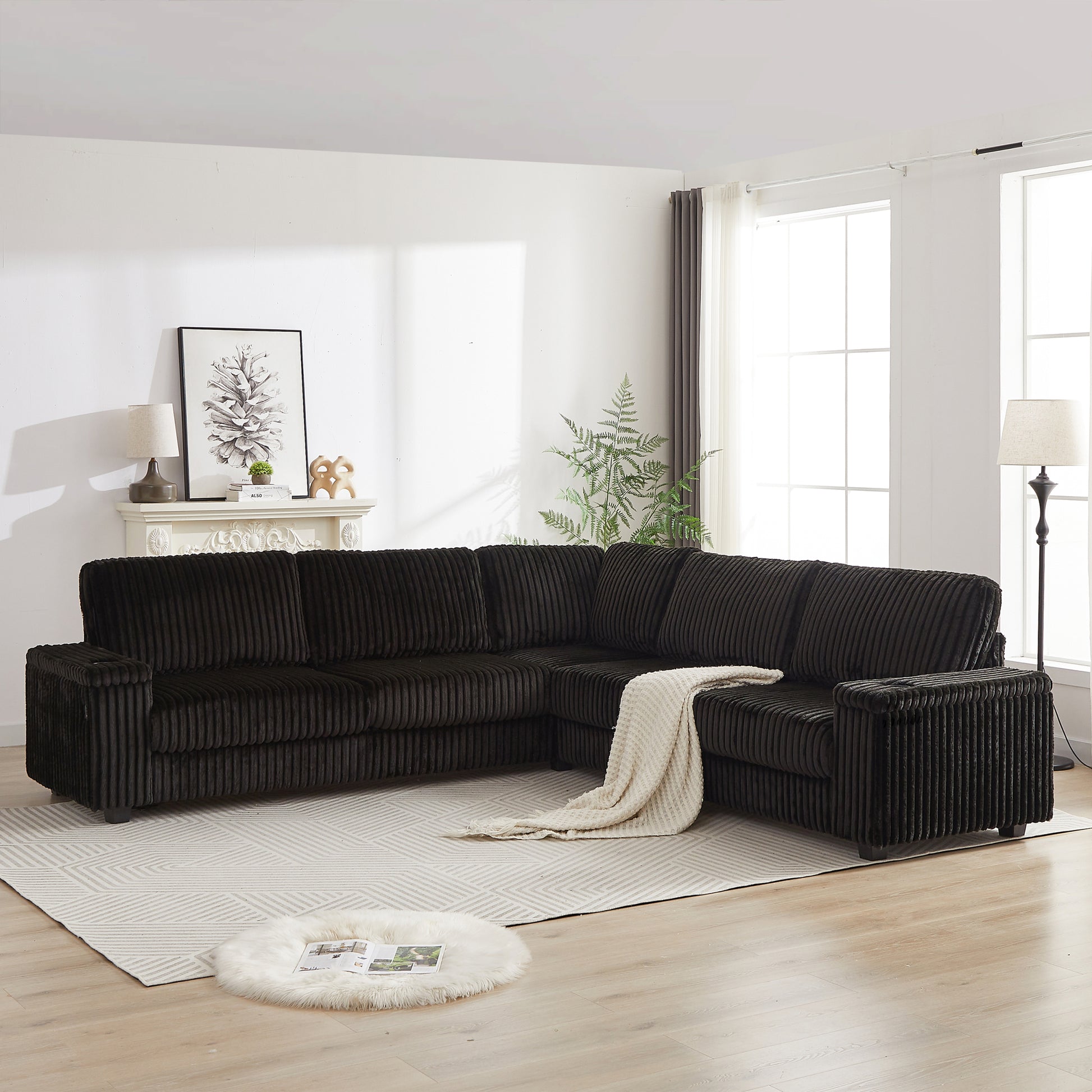 110 Inch Oversized Corduroy Corner Sofa,L Shaped Corner Couch With Two Storage Spaces,Usb Port & T Pyce Port And Cup Holderdeep Seat Comfy Upholstered Couches For Living Room Not Freely Combinable Black Corduroy 5 Seat
