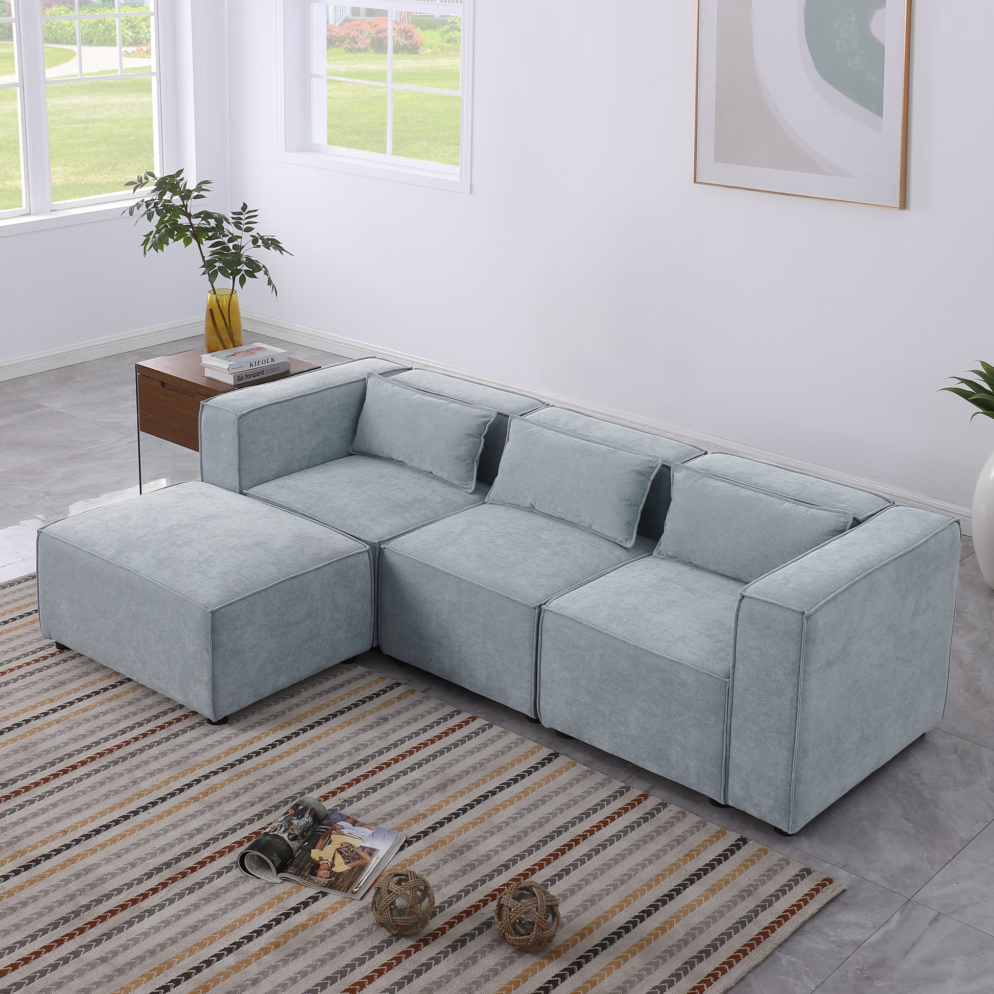 Modular Sofa Grayish Blue Chenille Fabric, Simple And Grand, The Seat And Back Is Very Soft. This Is Also A Knock Down Sofa Grayish Blue Chenille 4 Seat