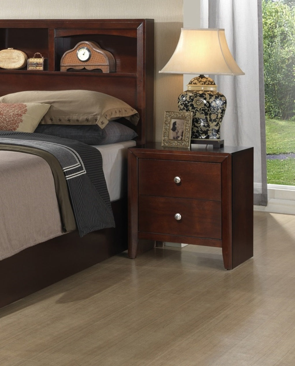 Brown Cherry 1Pc Nightstand Nickel Round Knob Transitional Style 2 Drawers Nightstand Bedside Table Rubberwood Brown Brown 2 Drawers Bedside Cabinet Bedroom Contemporary,Modern,Transitional