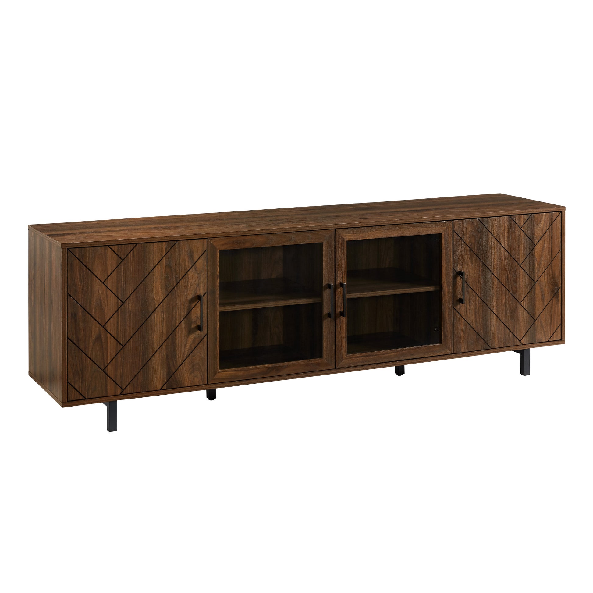 Modern Scandinavian 4 Door Herringbone 70" Tv Stand For Tvs Up To 80" Dark Walnut Dark Brown Mdf